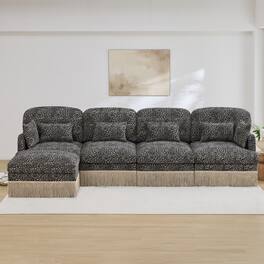 Anysun - 131" Chenille Leopard L-Shaped Sofa, Tassel Edge, Movable Ottoman, Ergonomic, Easy Assembly, Deep Seat - Khaki