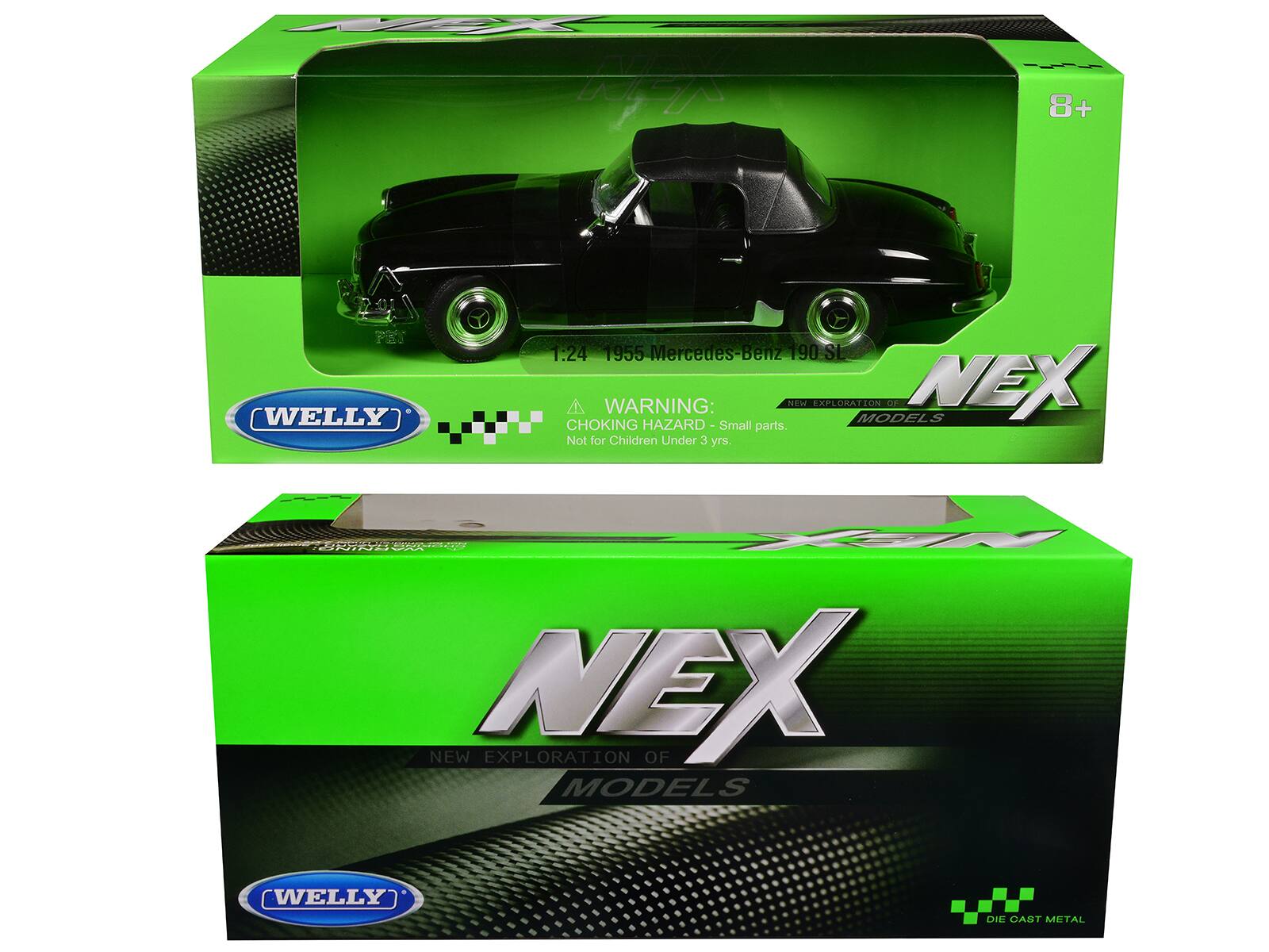 8+  
WELLY  
1:24 1955 Mercedes-Benz 190 SE  
WARNING: CHOKING HAZARD - Small parts. Not for Children Under 3 yrs.  
NEX  
NEW EXPLORATION OF MODELS  
DIE CAST METAL