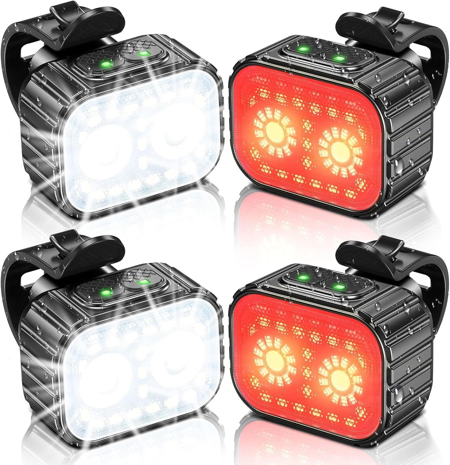 Front. FINEAK - Rechargeable Bike Light Set - Super Bright, IPX6 Waterproof, Front & Rear - Black.