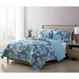 Hivvago - Full/Queen Beach Sea Shells Coral Fish Coastal 3-Piece Quilt Set - Aqua Blue Cream