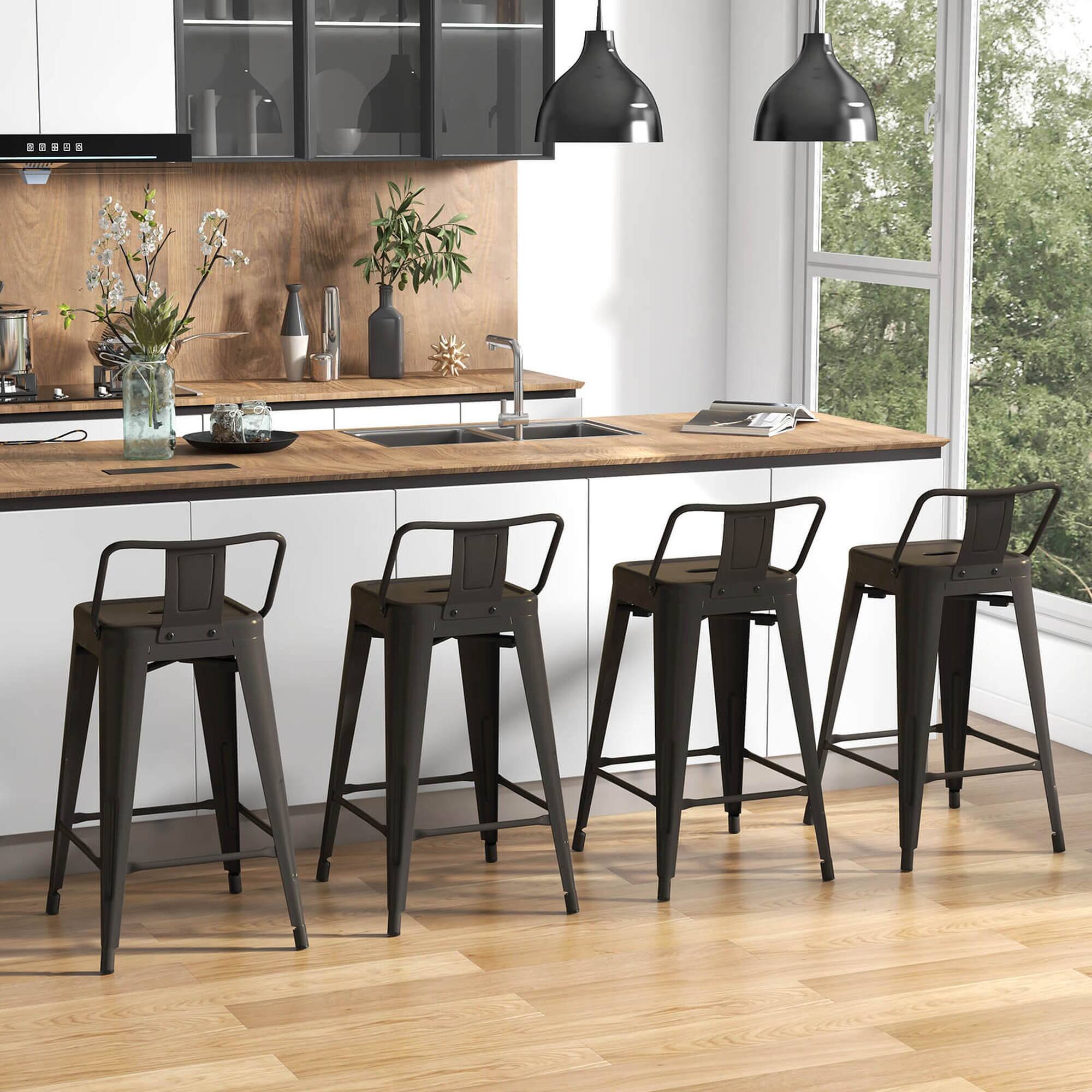 Alt View 1. Costway - Costway Set of 4 Low Metal Counter Stool 24" Seat Height Bar Stools Removable Backrest - Gun.