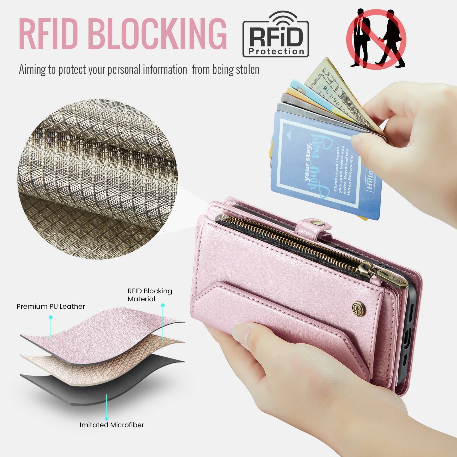 RFID BLOCKING  
Aiming to protect your personal information from being stolen  

RFiD Protection  

Premium PU Leather RFID Blocking Material Imitated Microfiber