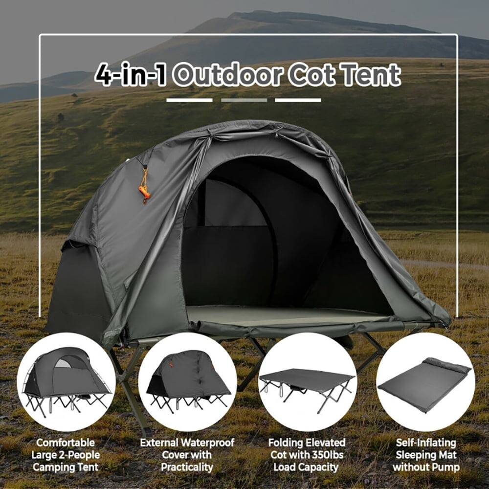 4-in-1 Outdoor Cot Tent

- Comfortable Large 2-People Camping Tent
- External Waterproof Cover with Practicality
- Folding Elevated Cot with 350lbs Load Capacity
- Self-Inflating Sleeping Mat without Pump