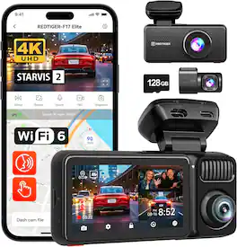 REDTIGER - RTF17ETL 4K 3 Channel Dash Cam, 128GB, 4K+2.5K+1080P Front and Rear Inside, Touch Screen, Voice Control - Black