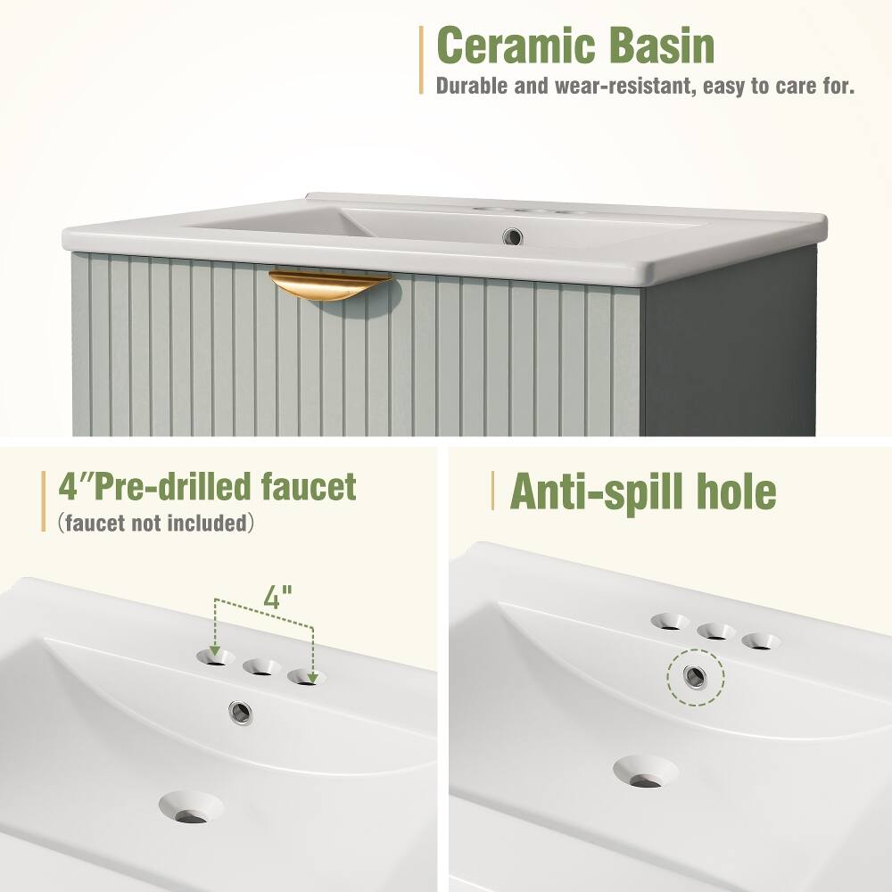 Ceramic Basin  
Durable and wear-resistant, easy to care for.  

4" Pre-drilled faucet (faucet not included)  

Anti-spill hole
