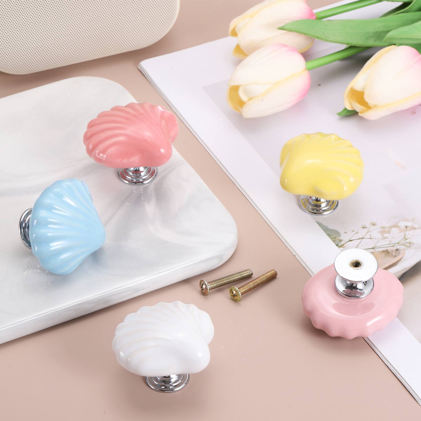 Alt View 3. Unique Bargains - 2pcs Shell Ceramic Cabinet Knobs, Decorative Drawer Pulls w/ Screws for Cupboards - Orange Pink.