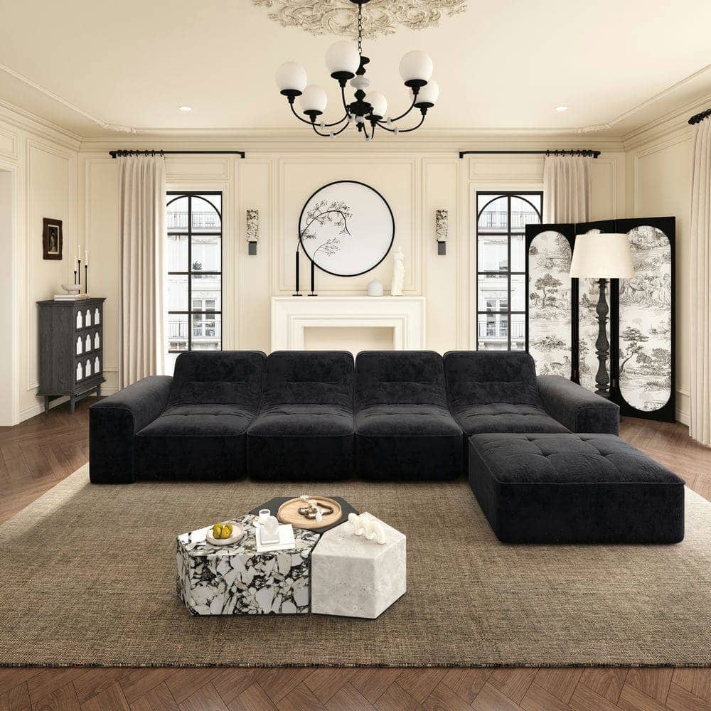 Kadyn - 107" Left Chaise Sectional Sofa, L-Shaped Cloud Design with Corduroy Upholstery, Ready to Use, Grey - Black