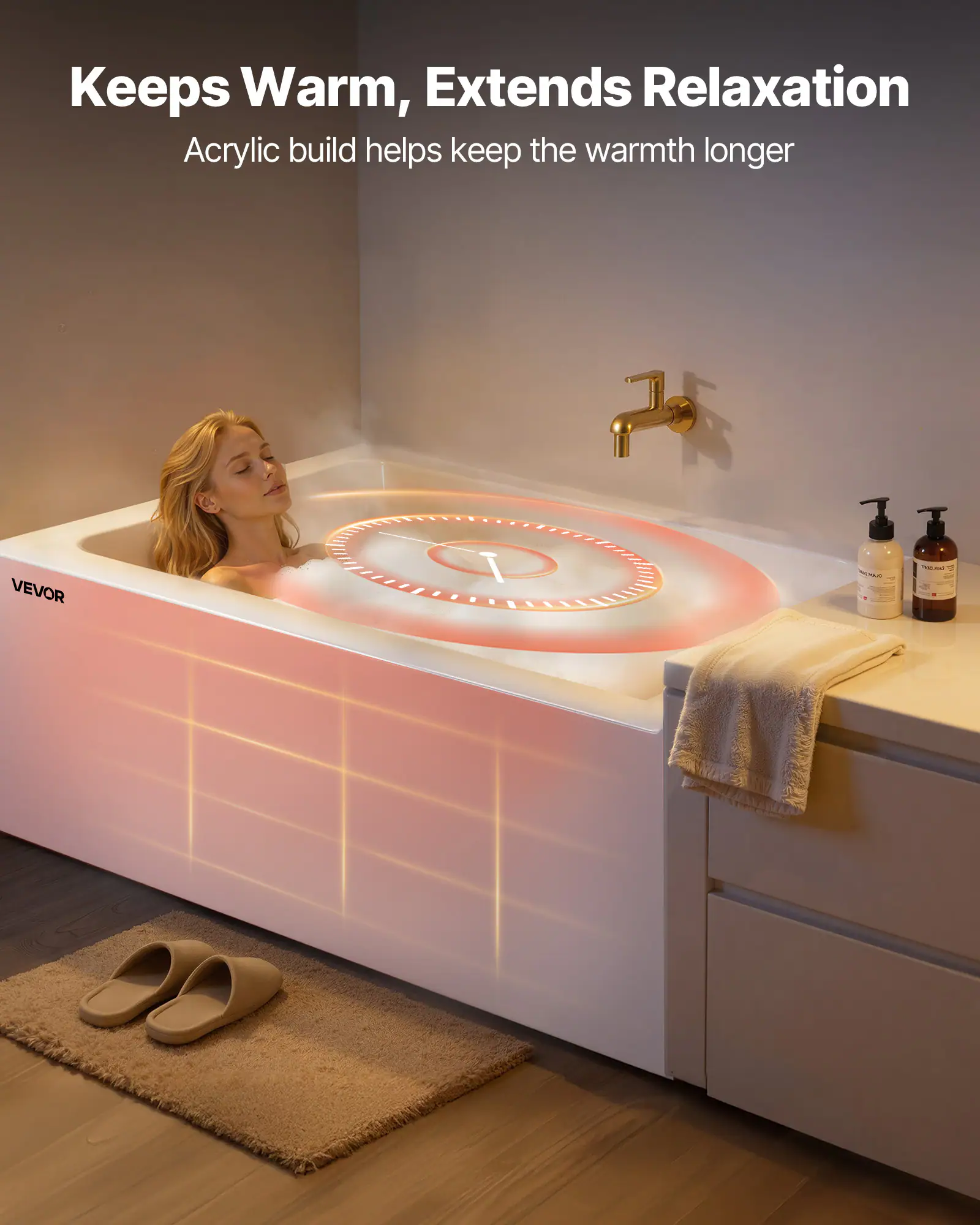 Keeps Warm, Extends Relaxation  
Acrylic build helps keep the warmth longer