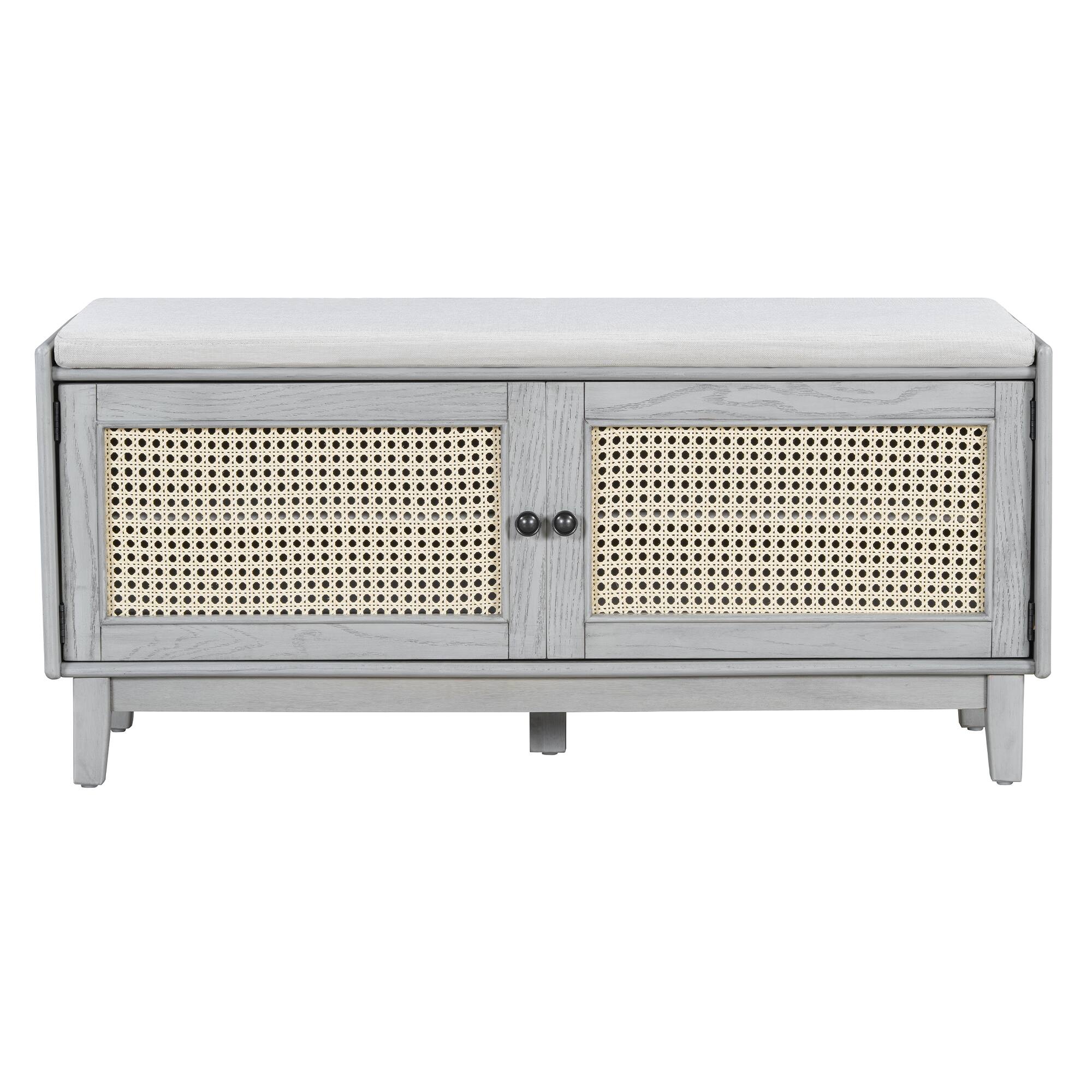 Back. Whisen - Rattan Shoe Storage Bench with Double Doors and Adjustable Shelves-Gray Wash - Gray Wash.