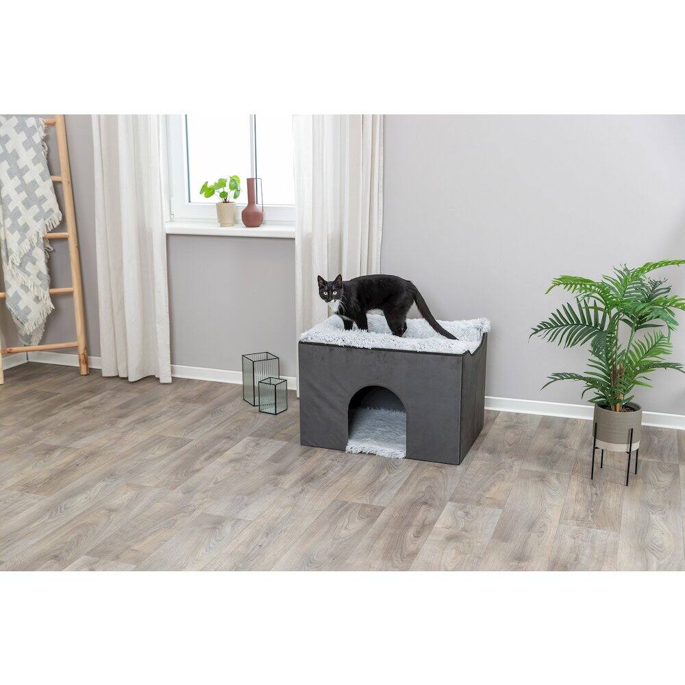 Left. TRIXIE - Harvey Velvety Indoor Condo, Foldable Hideaway, for Cats and Small Dogs, Gray - Gray.