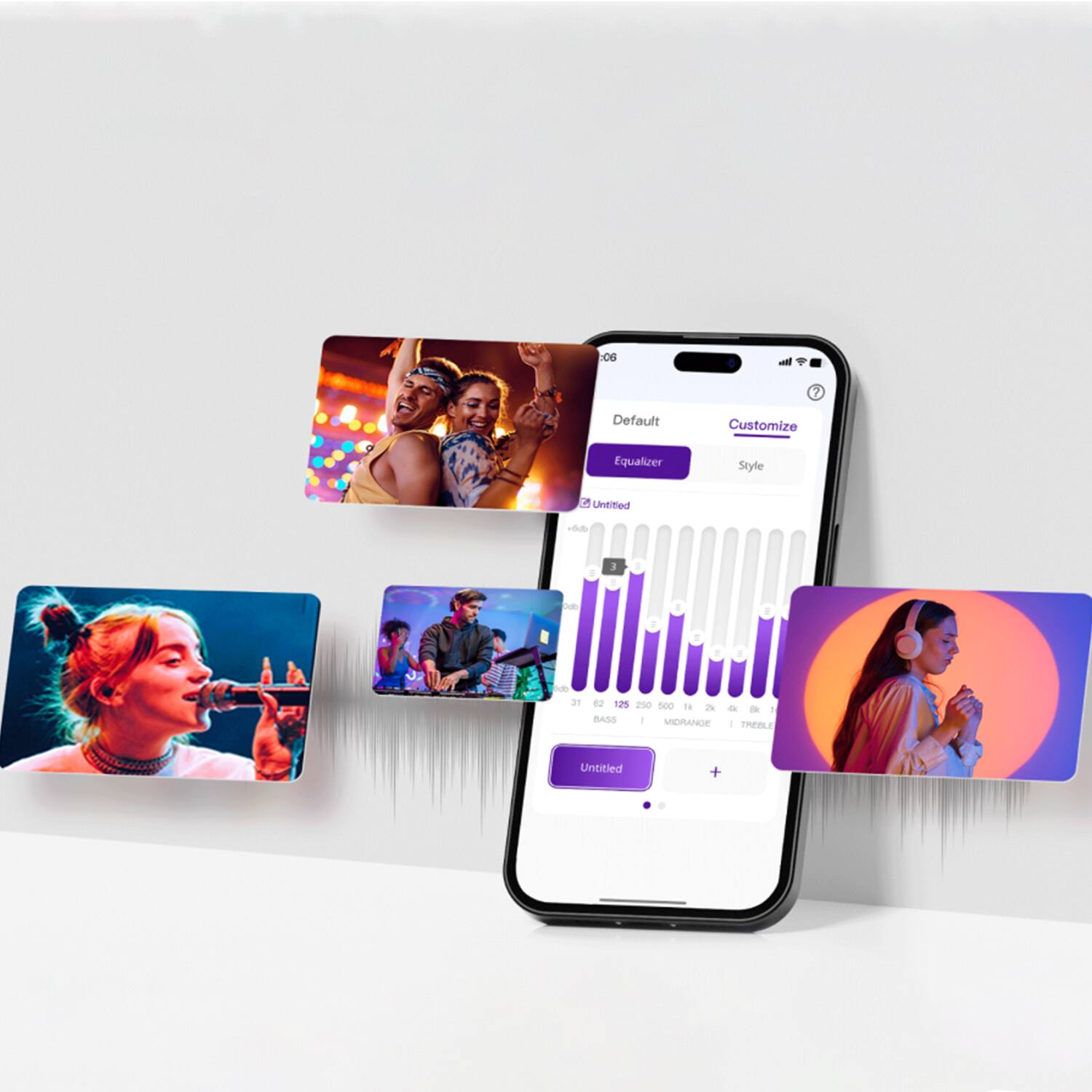 Sure, here is the corrected and grouped text from the image:

---

**Default**  
**Customize**  
Equalizer  
Style  

**Untitled**  

**BASS**  
31 62 125 250 500  

**MIDRANGE**  
1k 2k 4k 8k  

**TREBLE**  

**Untitled**  

---