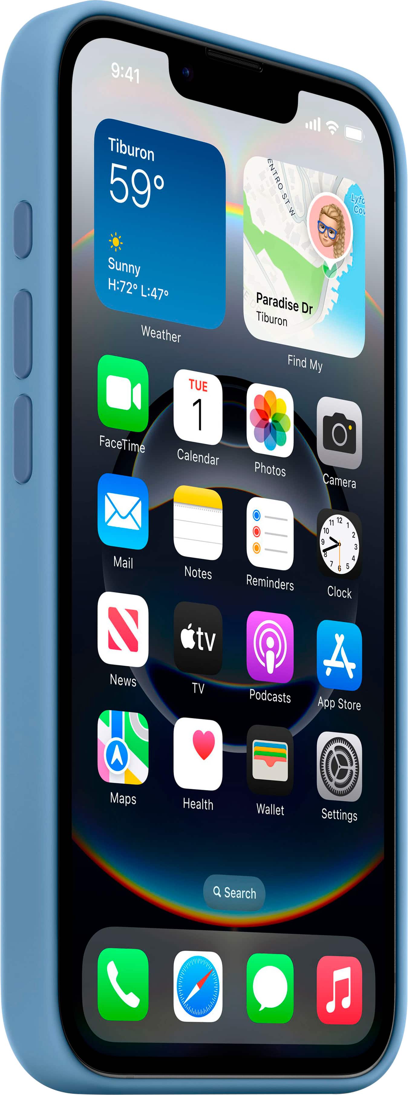 The text on the image reads:
9:41 Tiburon 59° ENTRO STW Lyto Co Sunny H:72 L:47 Weather TUE 1 FaceTime Calendar Paradise Dr Tiburon Find My Photos Camera Mail Notes Reminders 11 12 1 10 2 a 4 7 1 I Clock News Maps tv TV Health Podcasts Wallet App Store Settings Q Search
The text has been grouped and corrected as follows:
9:41 Tiburon 59° ENTRO STW Lyto Co Sunny H:72 L:47 Weather TUE 1 FaceTime Calendar Paradise Dr Tiburon Find My Photos Camera Mail Notes Reminders 11 12 1 10 2 a 4 7 1 I Clock News Maps tv TV Health Podcasts Wallet App Store Settings Q Search