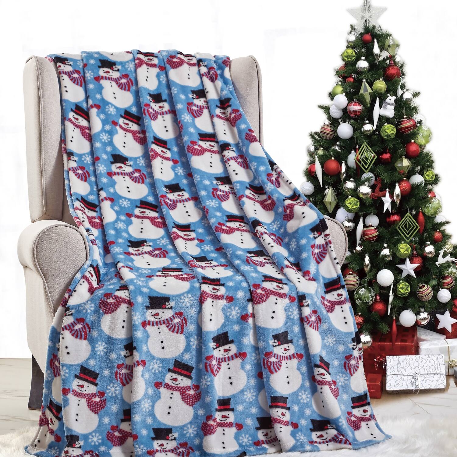 Alt View 3. Noble House - Plazatex Blue Snowman Micro plush Decorative All Season Blue Color 50" X 60" Throw Blanket - Blue.