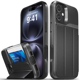 Vena - vCommute for Apple iPhone 16 Plus Case, Wallet Case, Leather Flip Cover with Card Slot and Kickstand, Space Black - Gray