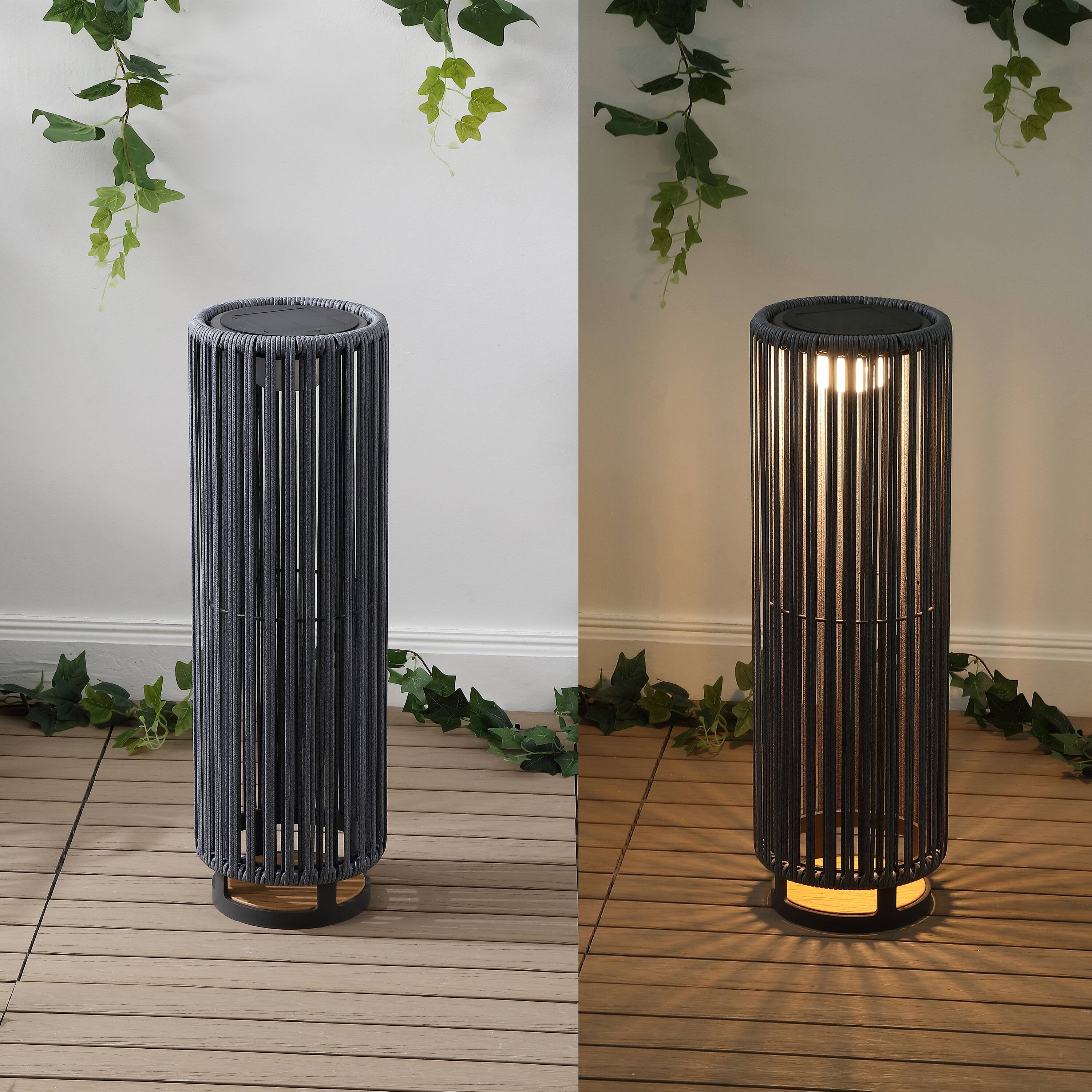 Alt View 4. Jonathan Y - Sawara 26.75" Modern Minimalist Faux Rattan Integrated Indoor/Outdoor LED Solar Powered Lantern, Charcoal/Black - Black/Gray.