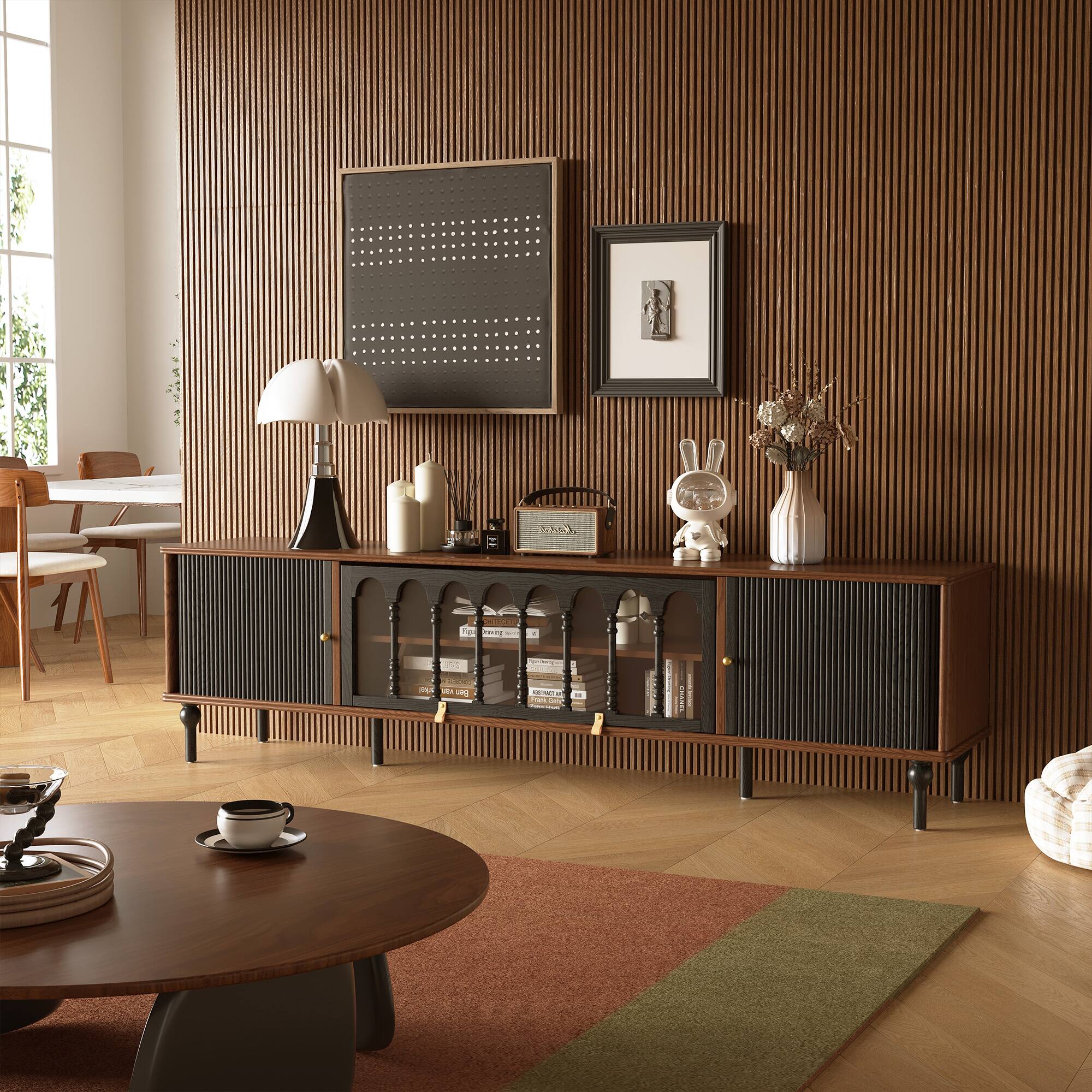 Back. luck idea - Modern 78.74" TV Stand with Sliding Doors, Arched Glass Panels, Metal Handles, Solid Wood Legs & Cable Management - Walnut Color.