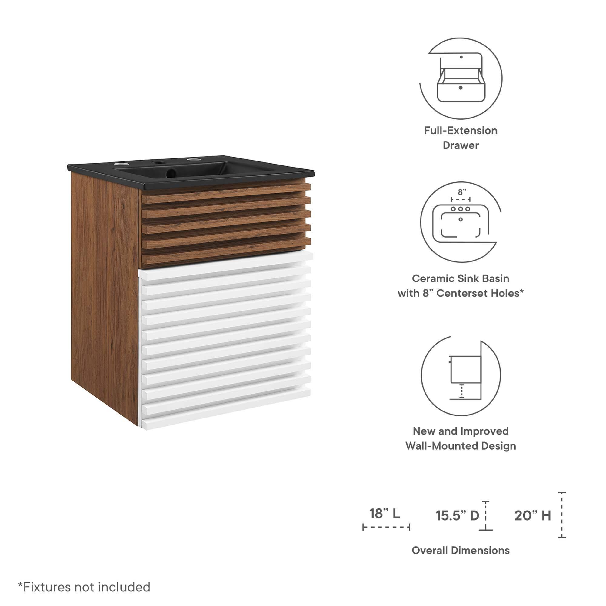Full-Extension Drawer  
Ceramic Sink Basin with 8" Centerset Holes*  
New and Improved Wall-Mounted Design  

Overall Dimensions:  
18" L x 15.5" D x 20" H  

*Fixtures not included