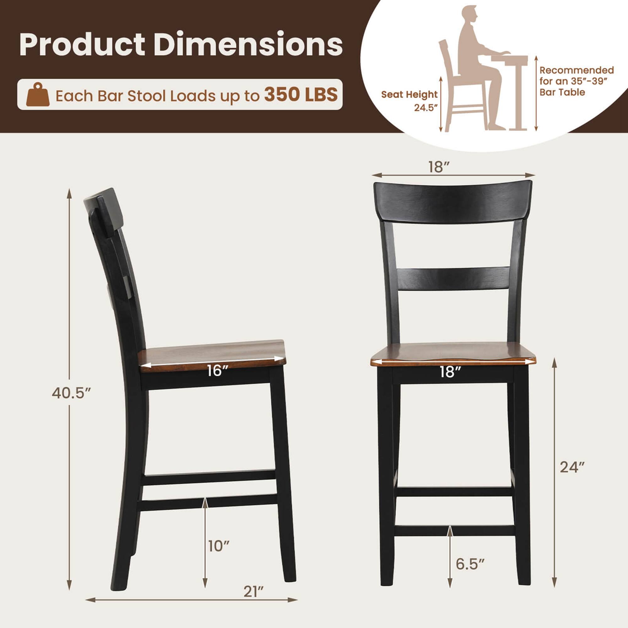 Product Dimensions:
- Each Bar Stool loads up to 350 LBS
- Seat Height: 24.5"
- Recommended for a 35-39" Bar Table
- Measurements: 18" x 40.5" x 16" x 18" x 24" x 10" x 6.5" x 21"