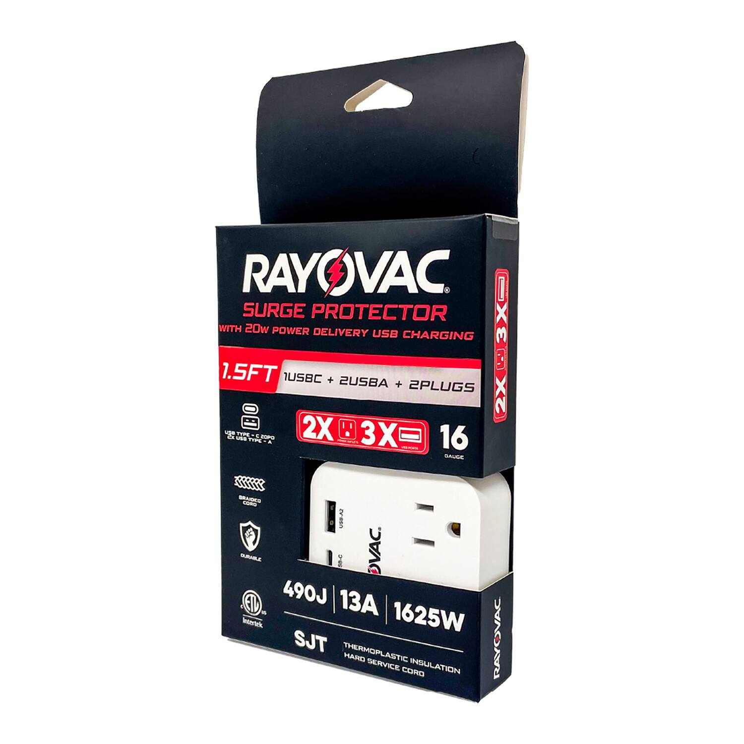 RAYOVAC SURGE PROTECTOR WITH 20W POWER DELIVERY USB CHARGING 1.5FT USBC + 2USBA + 2PLUGS 2X 3X 16 GAUGE KKK -S LOE VEA SAZ 88-C DVAC. 490J 13A 1625W SJT THERMOPLASTIC HARD SERVICE INSULATION CORD RAYOVAC