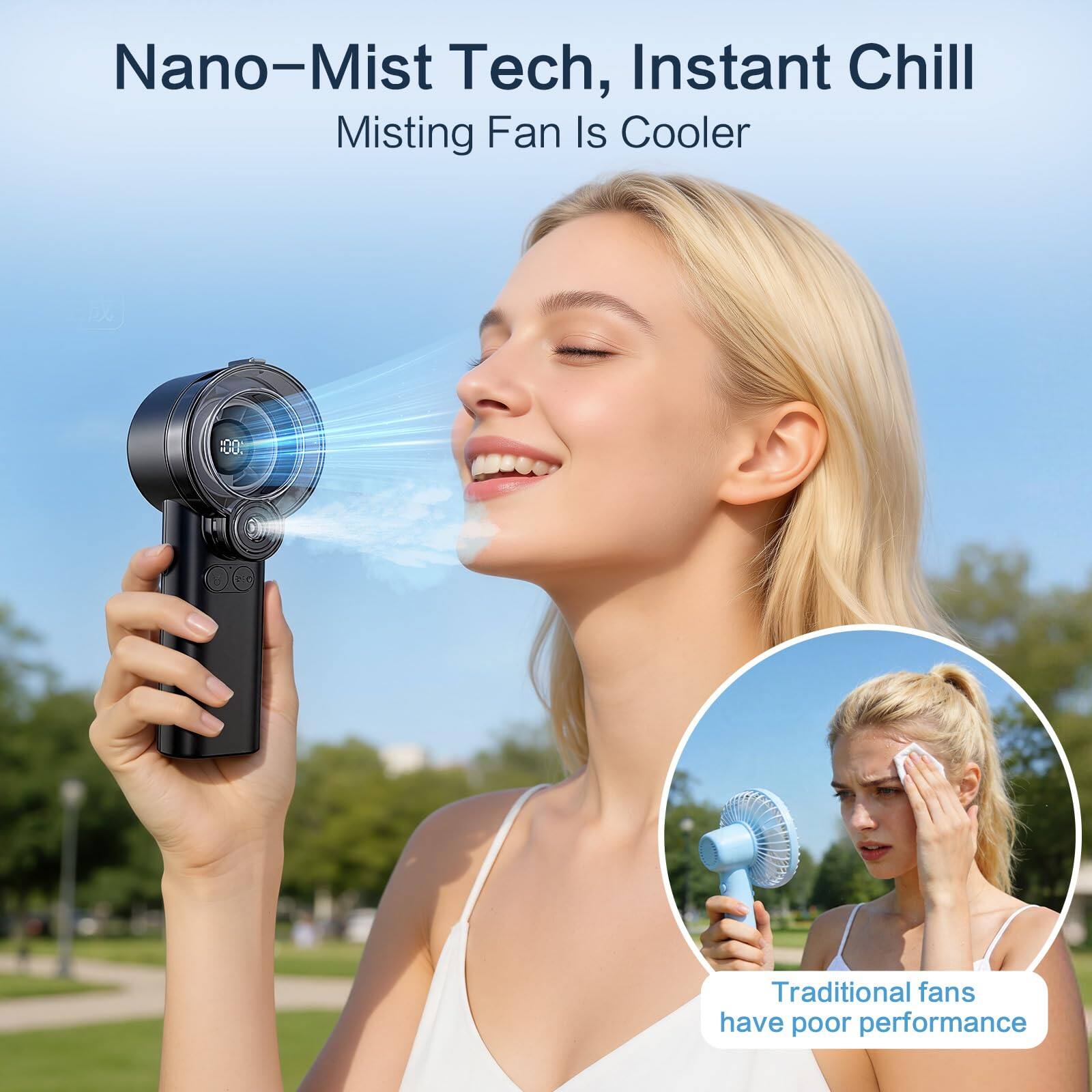 Nano-Mist Tech, Instant Chill  
Misting Fan Is Cooler  

Traditional fans have poor performance