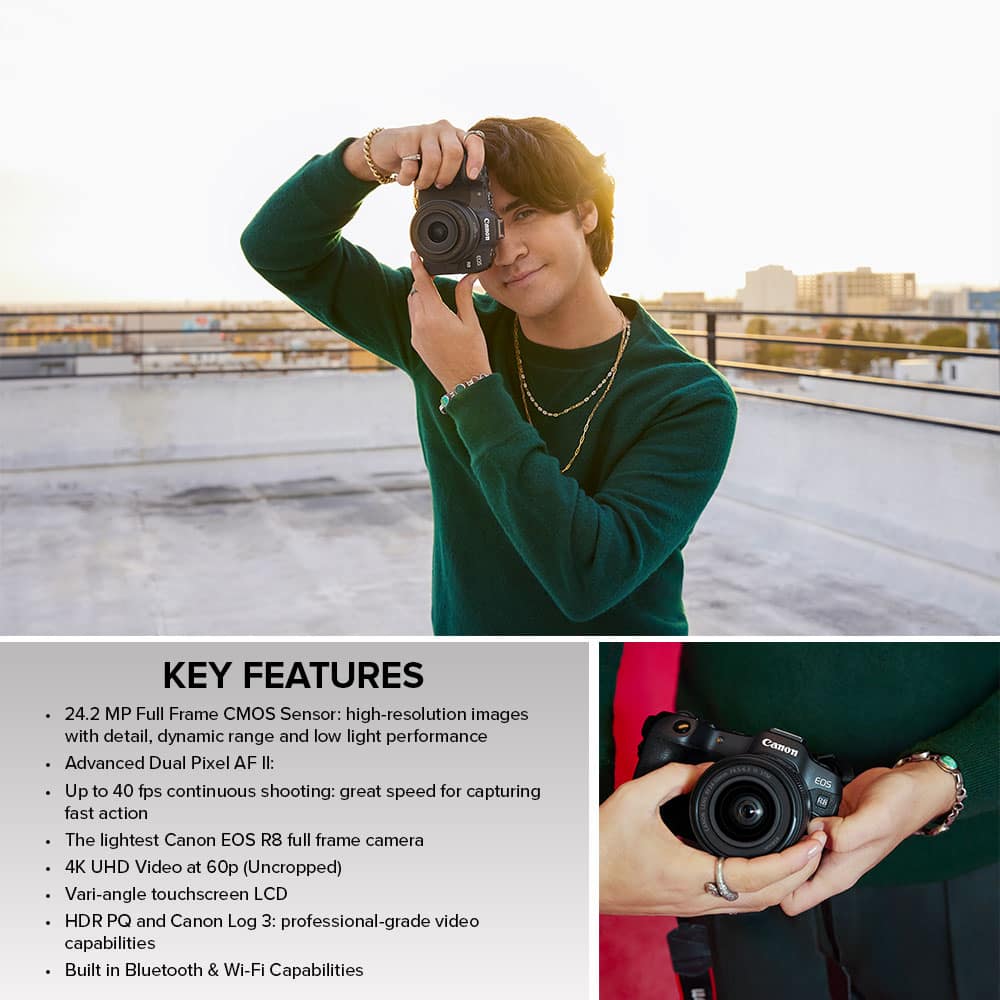 The image shows a man holding a camera, likely a Canon EOS R8, with a 24.2 MP full frame CMOS sensor. The camera is equipped with advanced dual pixel AF II, which allows for up to 40 fps continuous shooting, making it ideal for capturing fast action. The camera is also capable of 4K UHD video at 60p (uncropped) and features a vari-angle touchscreen LCD. Additionally, the camera has HDR PQ and Canon Log 3 capabilities, providing professional-grade video capabilities. The camera also has built-in Bluetooth and WI-FI capabilities, making it a versatile and convenient tool for photographers and videographers.