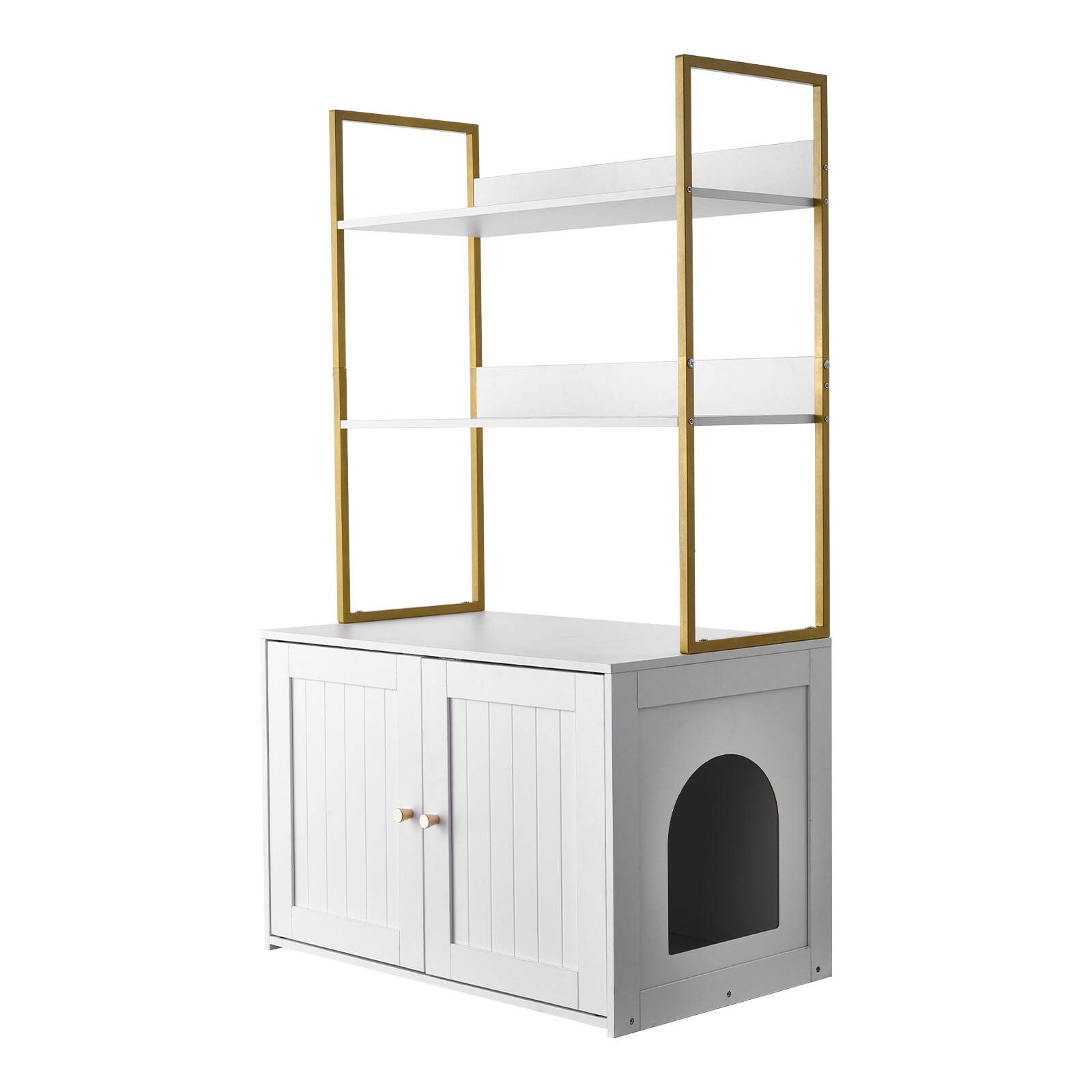 Alt View 5. VEVOR - Cat Litter Box Enclosure Furniture, 27.6 in Hidden Litter Box Cabinet with Metal Legs & 2-Tier Storage Shelves - White+Gold.