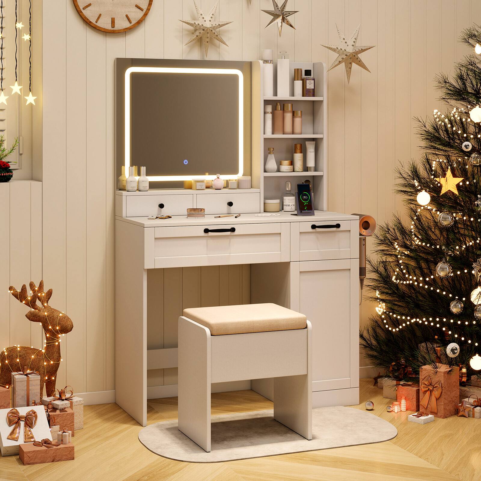 Alt View 1. Gymax - Gymax Vanity Set w/Cushioned Stool Makeup Table w/Adjustable Lighting Mode Brightness - White.