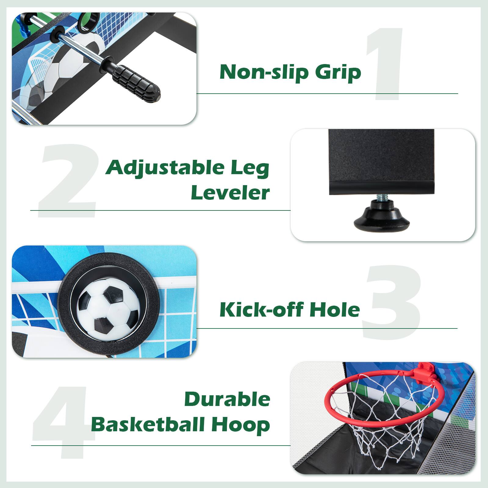Non-slip Grip 1 Adjustable Leg 2 Leveler 3 Kick-off Hole 4 Durable Basketball Hoop