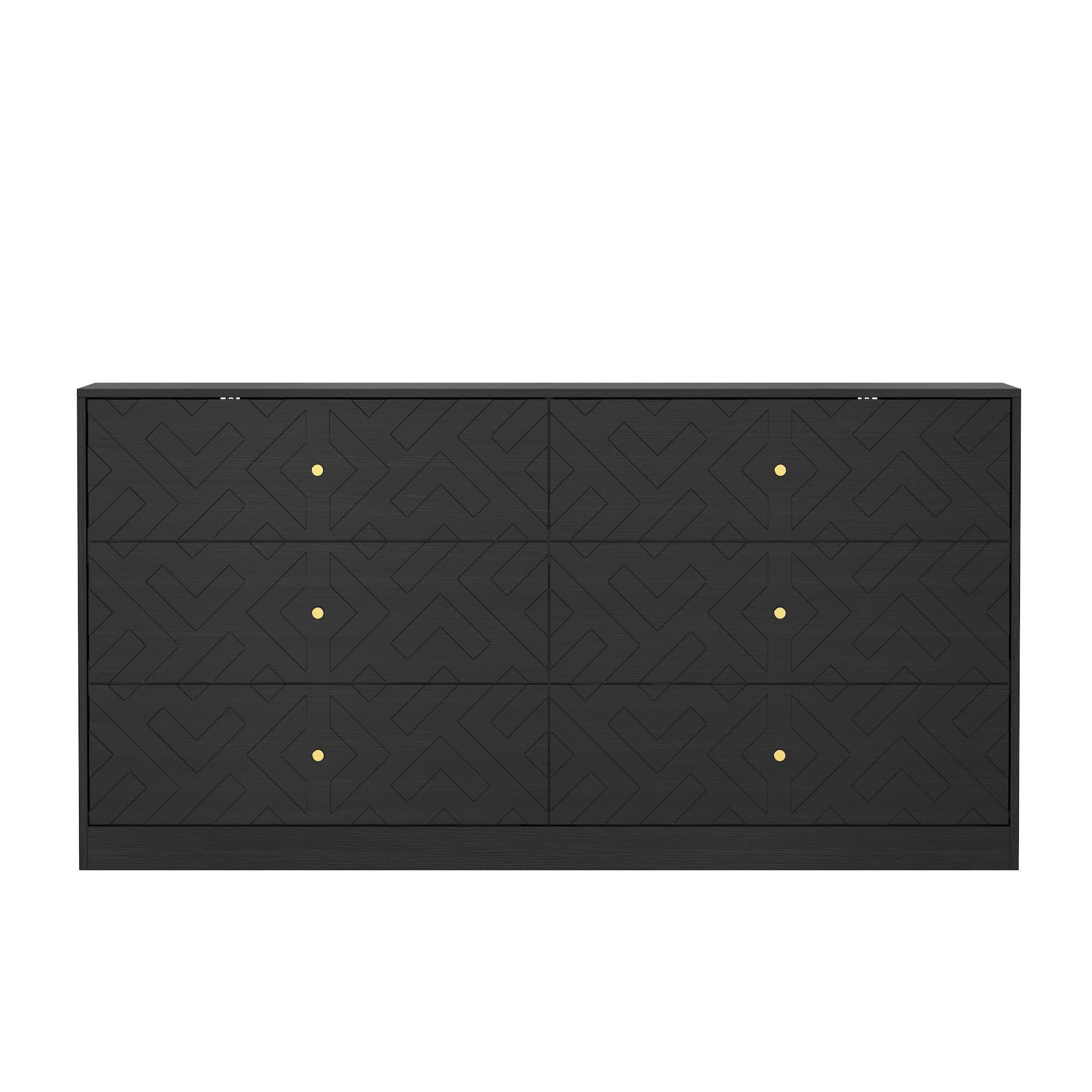 Famapy - Textured 6 - Drawer Dresser: Wood - Grain Finish with Embossed Patterns - Black