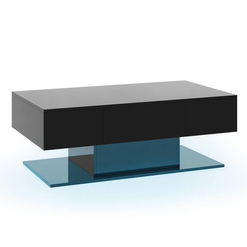 Alt View 3. WELLFOR - 43.5" High Glossy LED Coffee Table with 2 Sliding Storage Drawers, Modern Rectangle Center Table for Living Room - Black.
