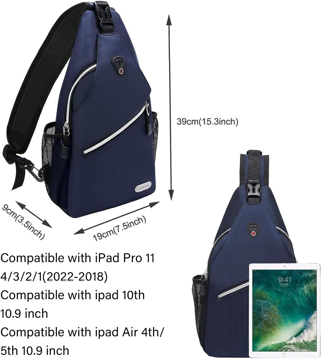 39cm (15.3inch)  
9cm (3.5inch)  
19cm (7.5inch)  

Compatible with iPad Pro 11 4/3/2/1 (2022-2018)  
Compatible with iPad 10th 10.9 inch  
Compatible with iPad Air 4th/5th 10.9 inch