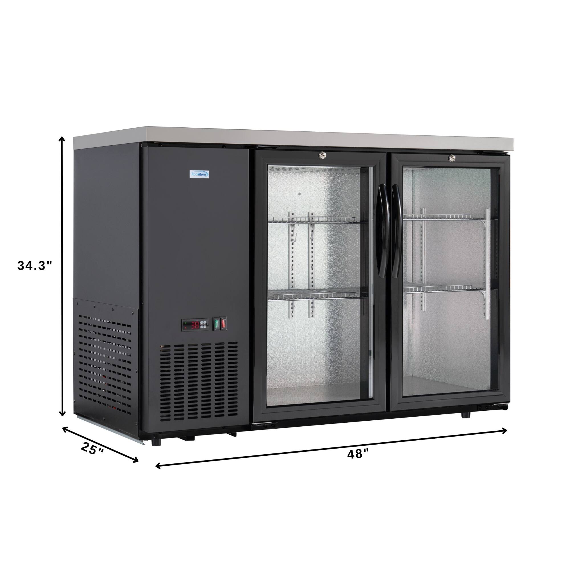 The dimensions of the refrigerator are 34.3 inches in height and 25 inches in width. The height is measured from the top of the refrigerator to the bottom, while the width is measured from the left side to the right side of the refrigerator.