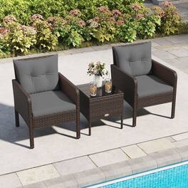 Gymax - Set of 3 Outdoor Patio PE Wicker Furniture Set w/Cushions & Tempered Glass Coffee Table - Gray