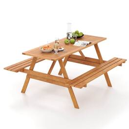 Costway - 6 Person Picnic Table Set with Patio Table 2 Built-in Benches 2" Umbrella Hole - Natural