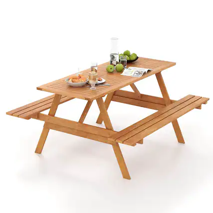 Front. Costway - Costway 6 Person Picnic Table Set with Patio Table 2 Built-in Benches 2" Umbrella Hole - Natural.