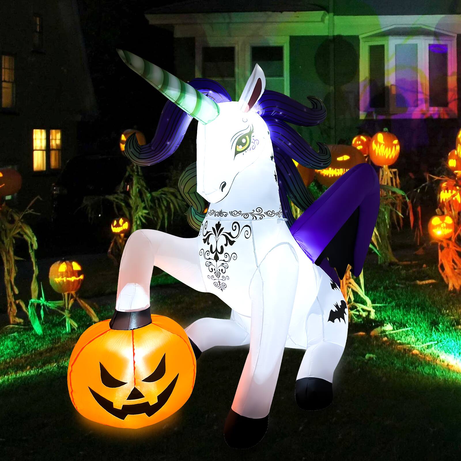 Angle. GOOSH Inflatables - GOOSH 6FT Inflatable Halloween Unicorn with Pumpkin – Light-Up Yard Decoration - White.