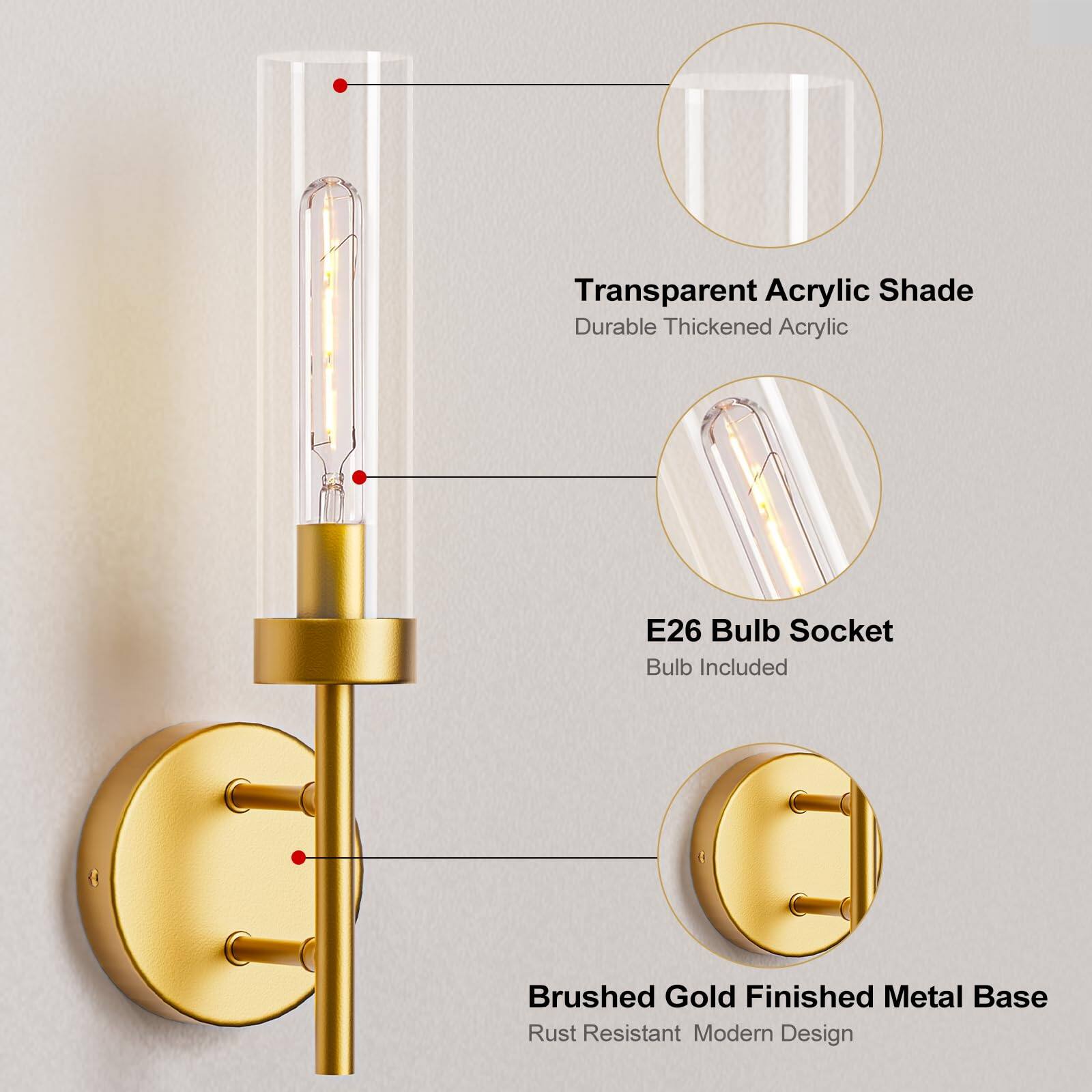 Transparent Acrylic Shade  
Durable Thickened Acrylic  

E26 Bulb Socket  
Bulb Included  

Brushed Gold Finished Metal Base  
Rust Resistant  
Modern Design