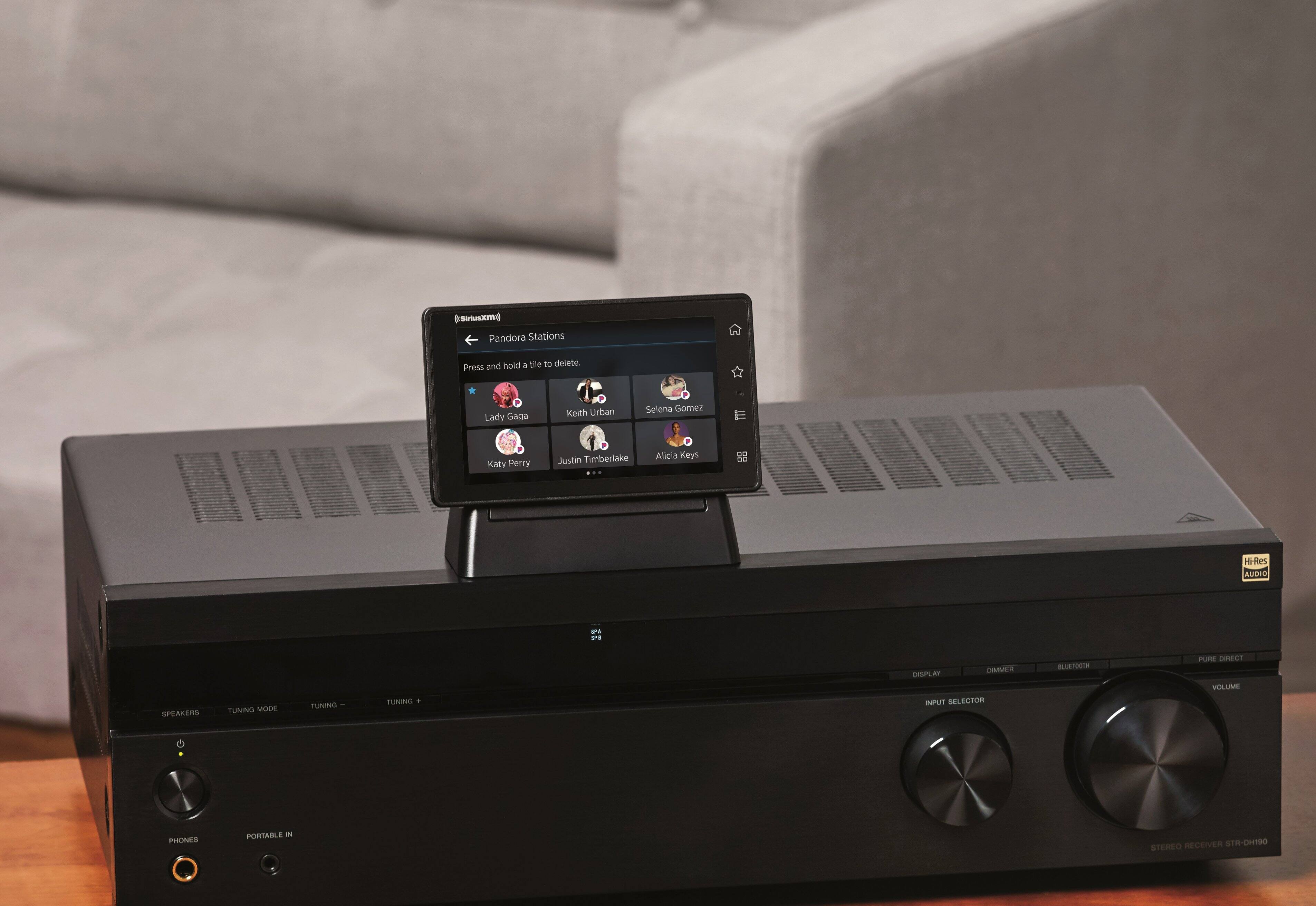 Pandora Stations and hold a tile to delete. Press Lady Gaga Keith Urban Selena Gomez Katy Perry Justin Timberlake Alicia Keys 88 H-Res AUDIC SPEAKERS TUNING MODE TUNING - TUNING + DIMMER DISPLAY BLUETOOTH PURE DIRECT VOLUME PHONES PORTABLE IN INPUT SELECTOR STEREO RECEIVER STR-DH190
