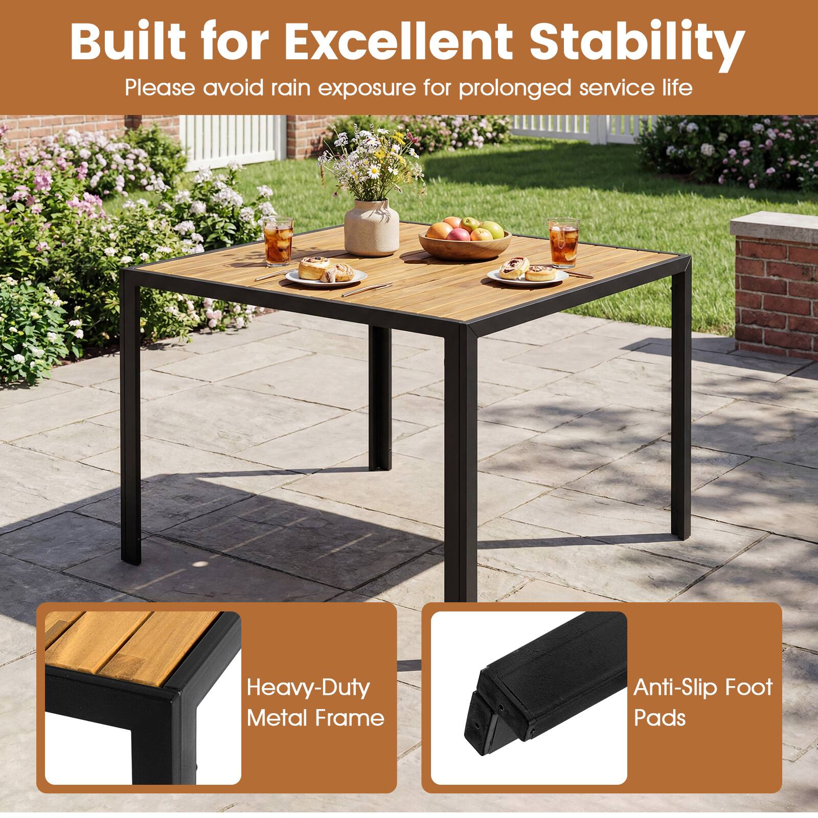 Built for Excellent Stability  
Please avoid rain exposure for prolonged service life  

Heavy-Duty Metal Frame  
Anti-Slip Foot Pads