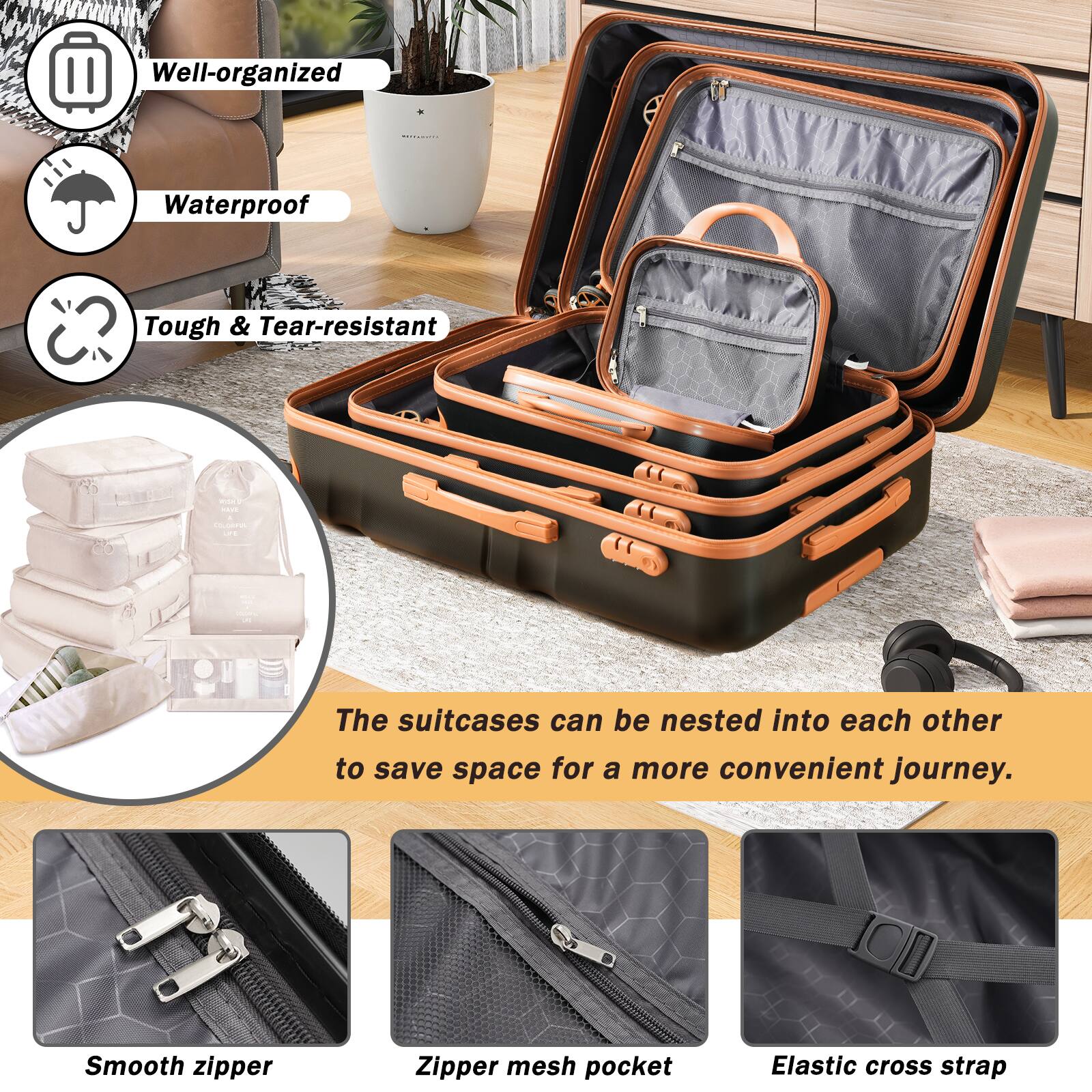 - Well-organized
- Waterproof
- Tough & Tear-resistant

The suitcases can be nested into each other to save space for a more convenient journey.

- Smooth zipper
- Zipper mesh pocket
- Elastic cross strap
