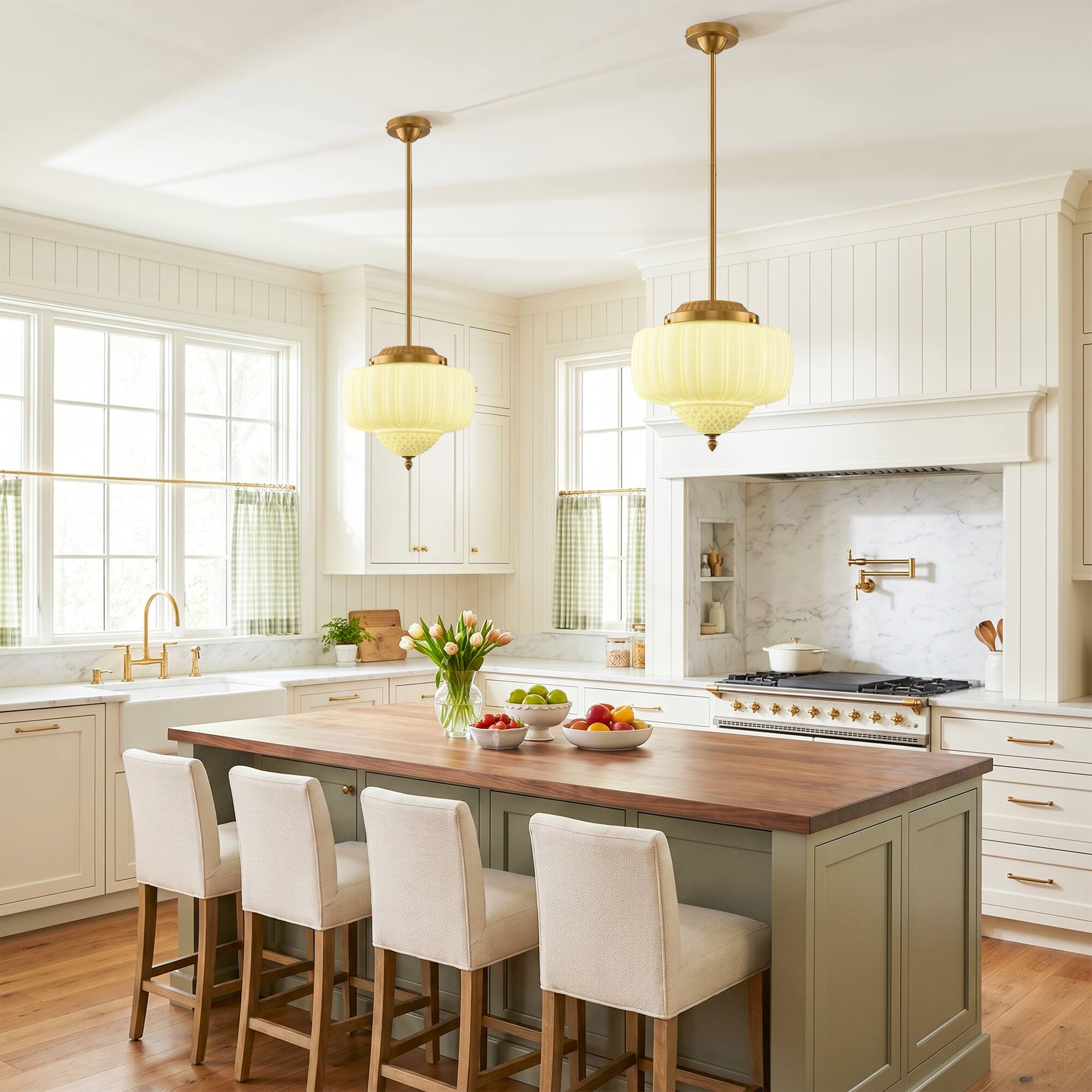 Angle. Parrot Uncle - 13-Inch Vintage White Ribbed Opal Glass 3-Light Schoolhouse Pendant Ceiling Light - Gold.