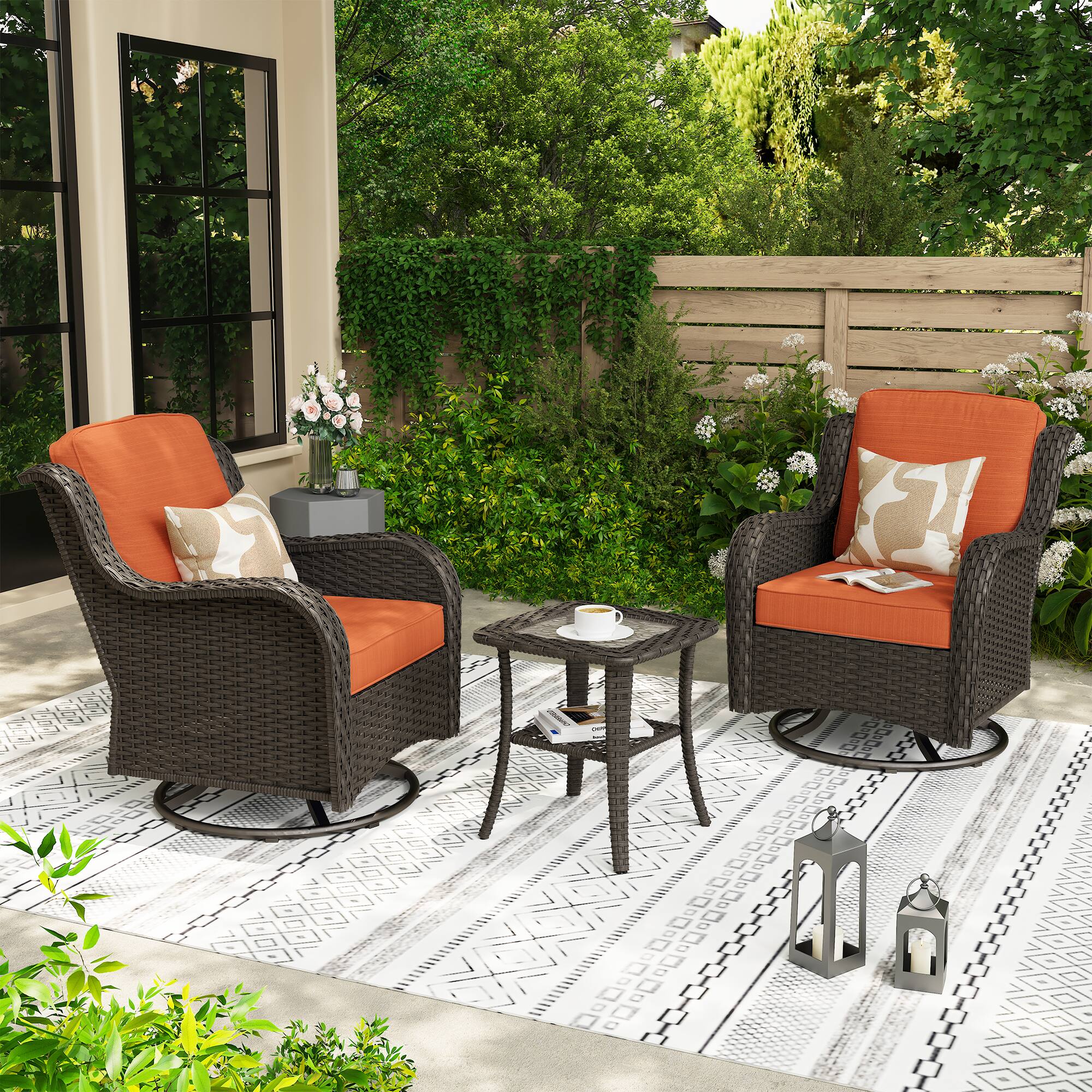Front. Ovios - 3 PCS Patio Bistro Set, Wicker Rocking Chairs, Rattan Swivel Chairs with Side Table - Orange Red(Brown Wicker).