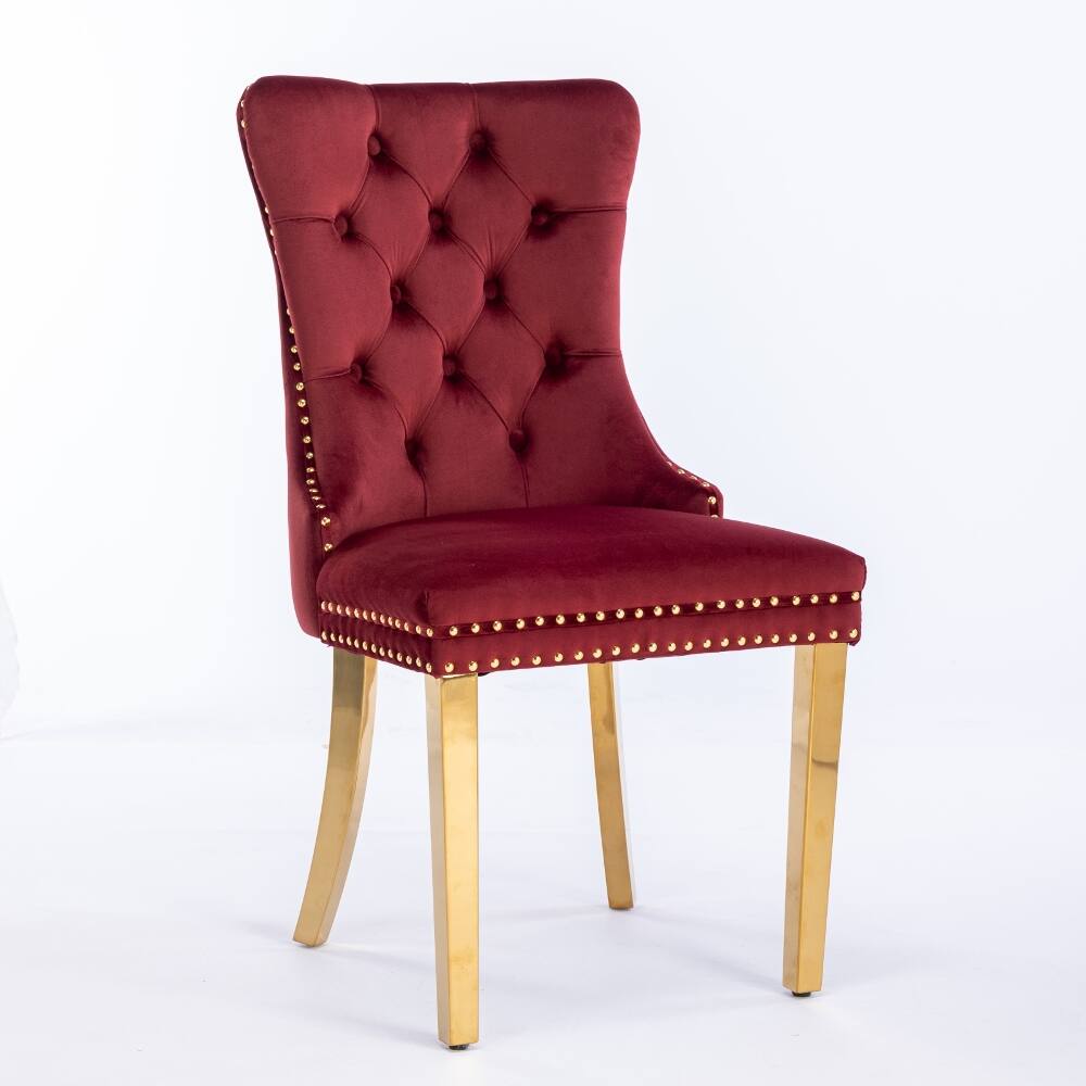 Left. Loheer - Loheer Velvet Dining Chairs Tufted Burgundy Upholstered Set of 2 with Gold Legs - Burgundy.