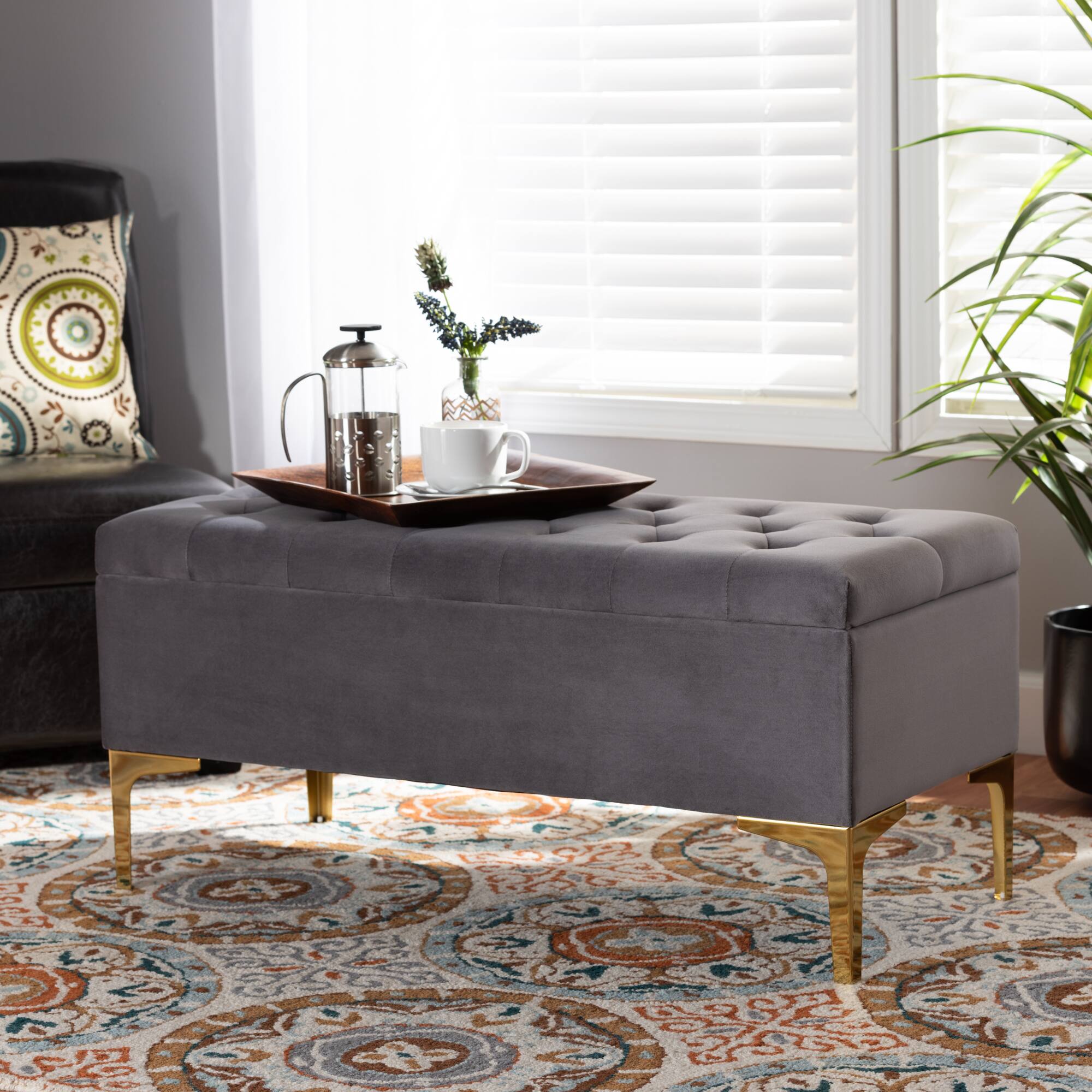 Alt View 4. Baxton Studio - Valere Glam and Luxe Velvet Fabric Upholstered Gold Finished Button Tufted Storage Ottoman - Grey/Gold.