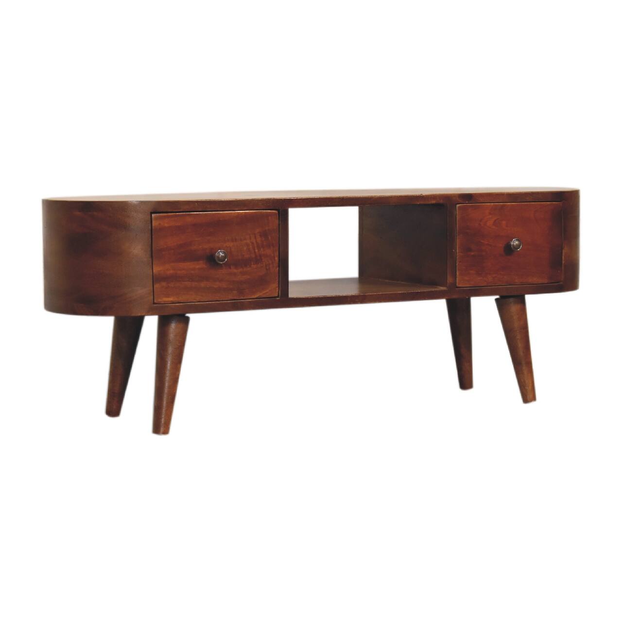 Left. Artisan Furniture - Artisan Furniture Solid Wood Chestnut Round Open Media Unit, 2 Drawers, 1 Open Slot, Dark Brown - Brown.