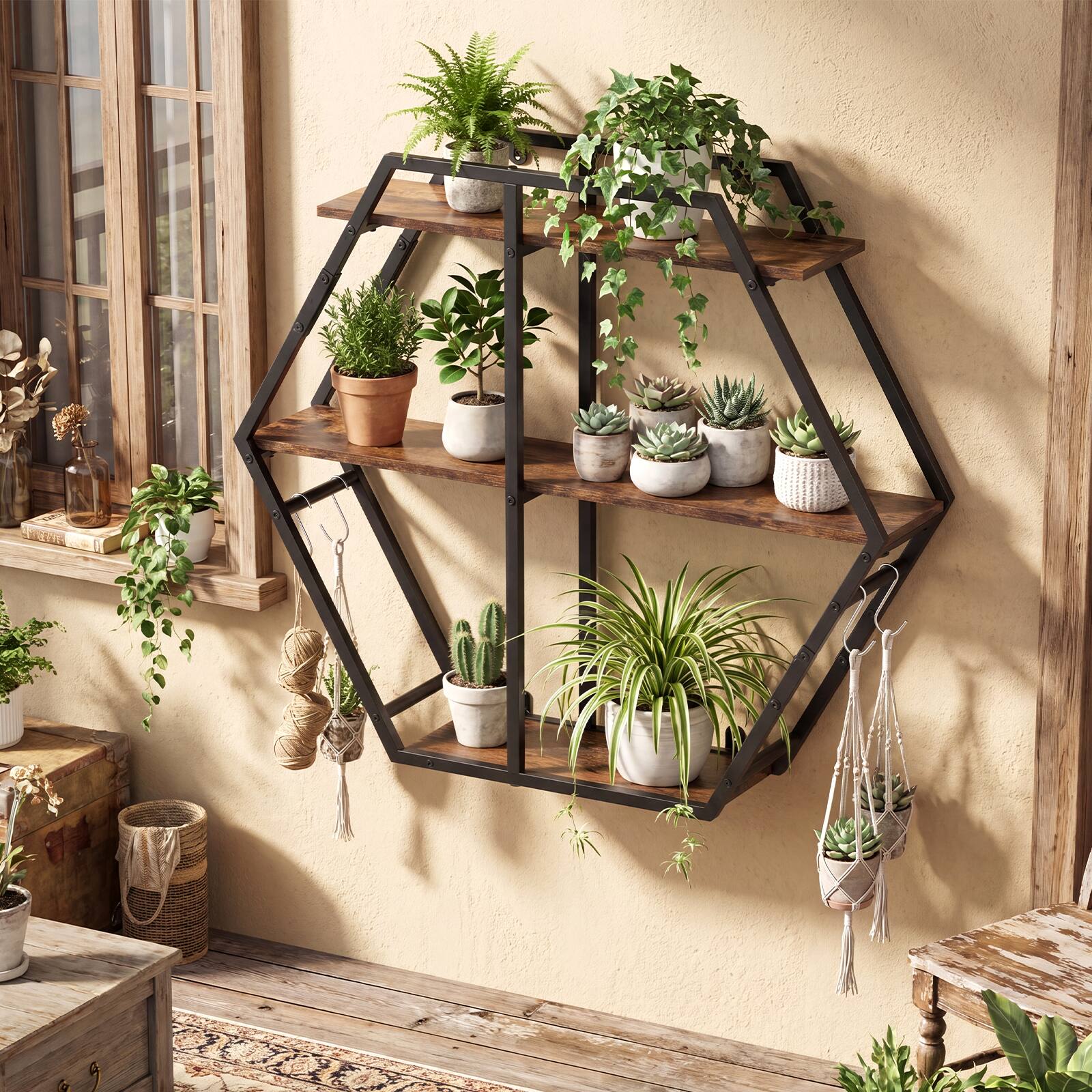Alt View 4. Gymax - Gymax Hexagon Shelf for Wall 3-Tier Geometric Bookcase w/4 S-Shaped Hooks Metal Frame - Brown.