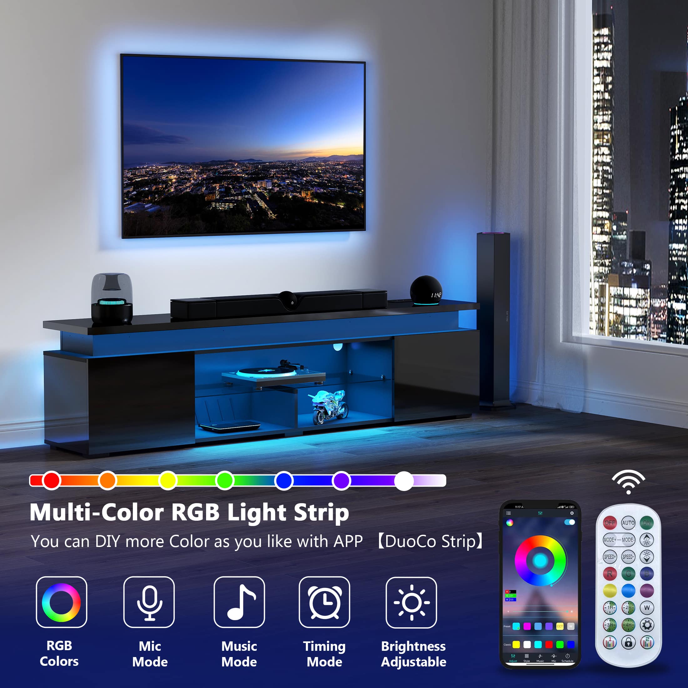 Multi-Color RGB Light Strip
You can DIY more Color as you like with APP DuoCo Strip
- RGB Colors
- Mic Mode
- Music Mode
- Timing Mode
- Brightness Adjustable