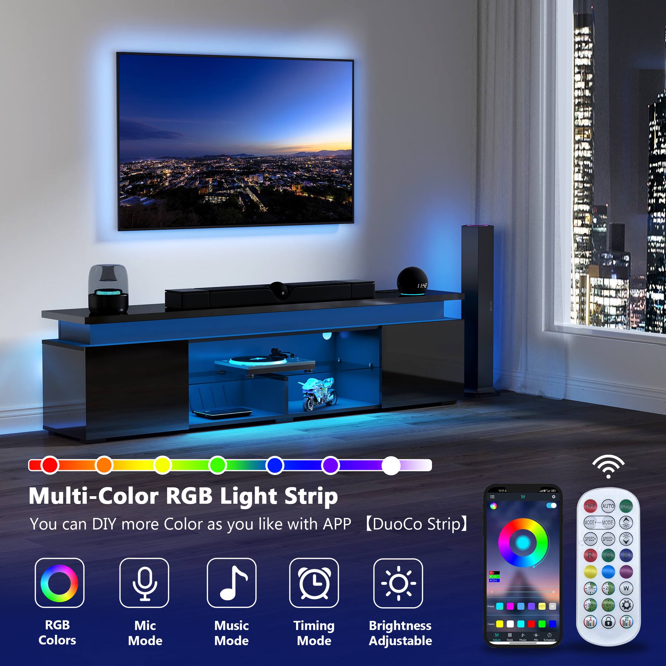Multi-Color RGB Light Strip
You can DIY more Color as you like with APP DuoCo Strip

- RGB Colors
- Mic Mode
- Music Mode
- Timing Mode
- Brightness Adjustable