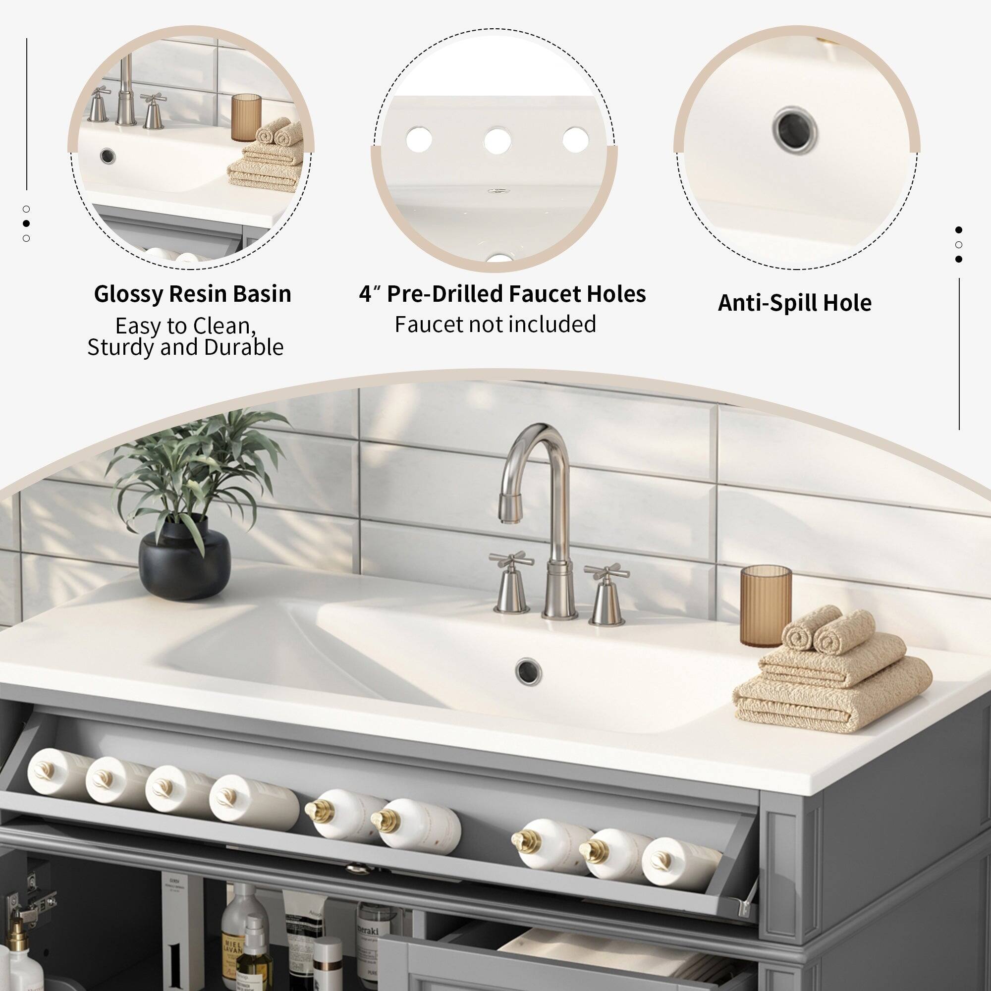 Glossy Resin Basin  
Easy to Clean, Sturdy and Durable  

4" Pre-Drilled Faucet Holes  
Faucet not included  

Anti-Spill Hole