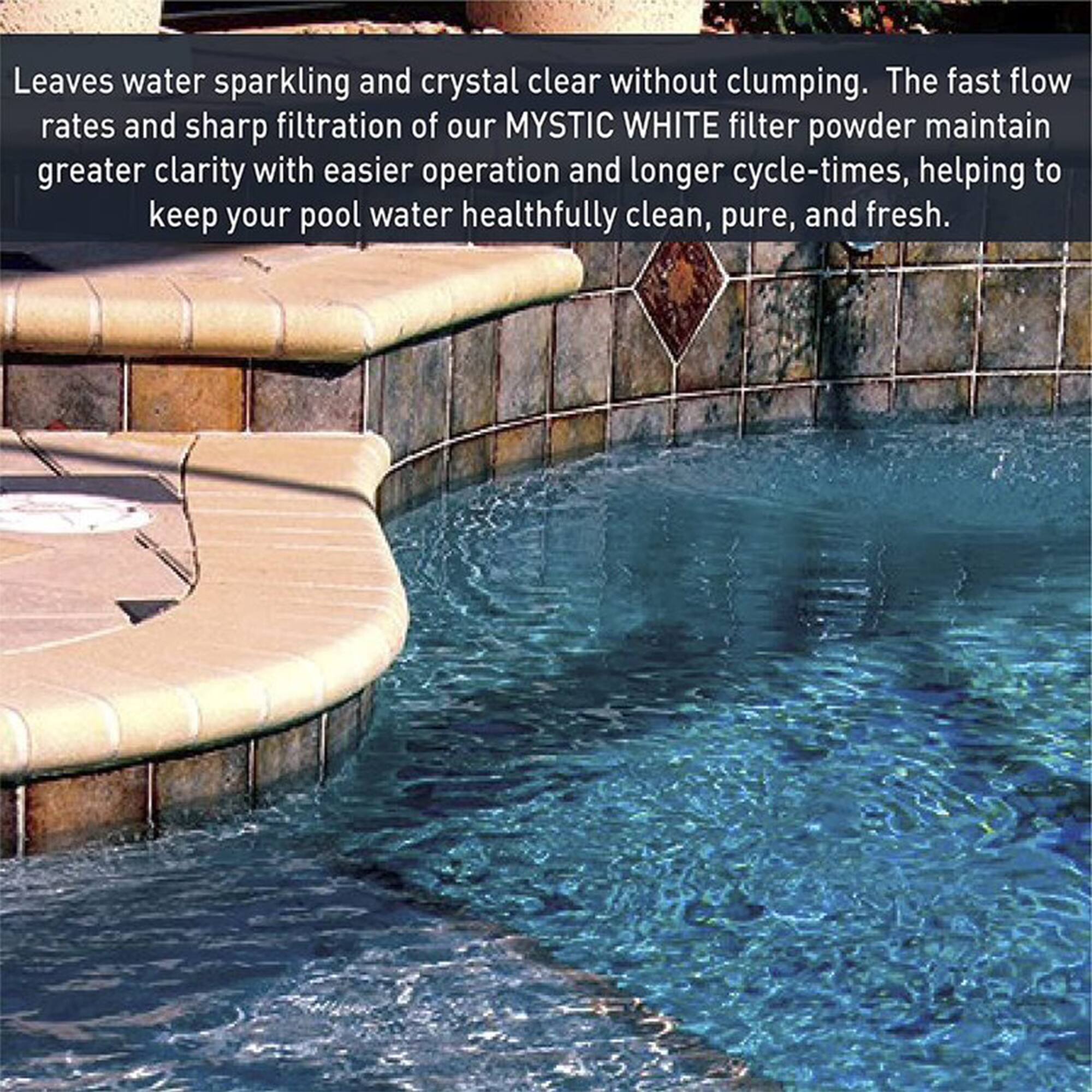 Leaves water sparkling and crystal clear without clumping. The fast flow rates and sharp filtration of our MYSTIC WHITE filter powder maintain greater clarity with easier operation and longer cycle-times, helping to keep your pool water healthfully clean, pure, and fresh.
